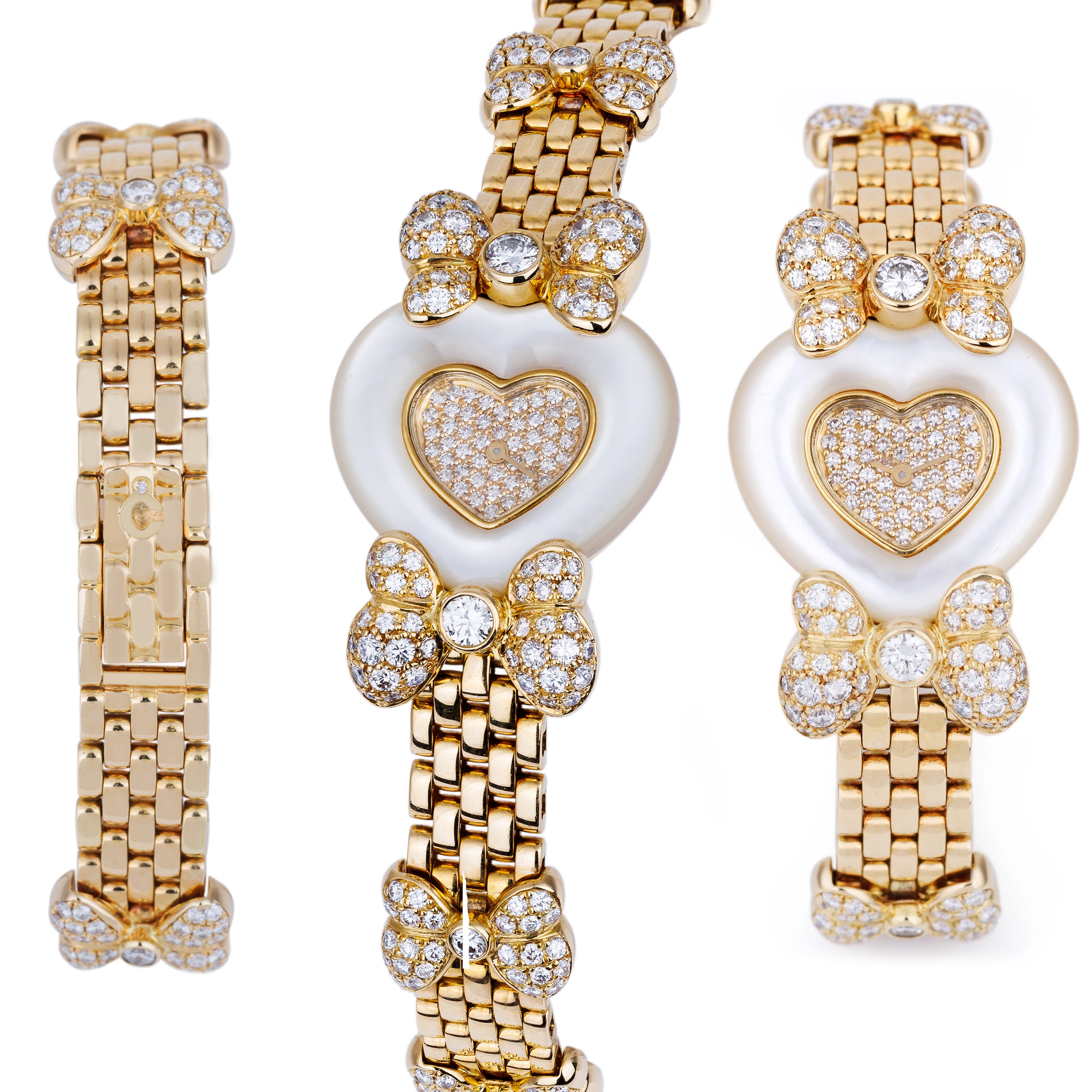 Chopard Ladies Watch | Heart-Shaped Mother of Pearl Bezel | REF. 538 1 | Pave Diamond Dial & Bow Bracelet | 18k Yellow Gold | 25mm | 1990's