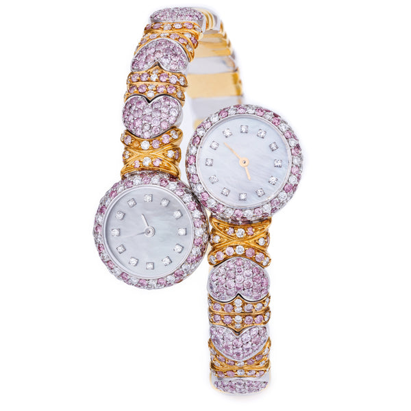 Rare Chopard - Dual Dial - Ladies Bangle Watch | Pink Diamonds & Diamonds | Mother of Pearl Dials | Two Tone: 18k White & Yellow Gold | 1990's