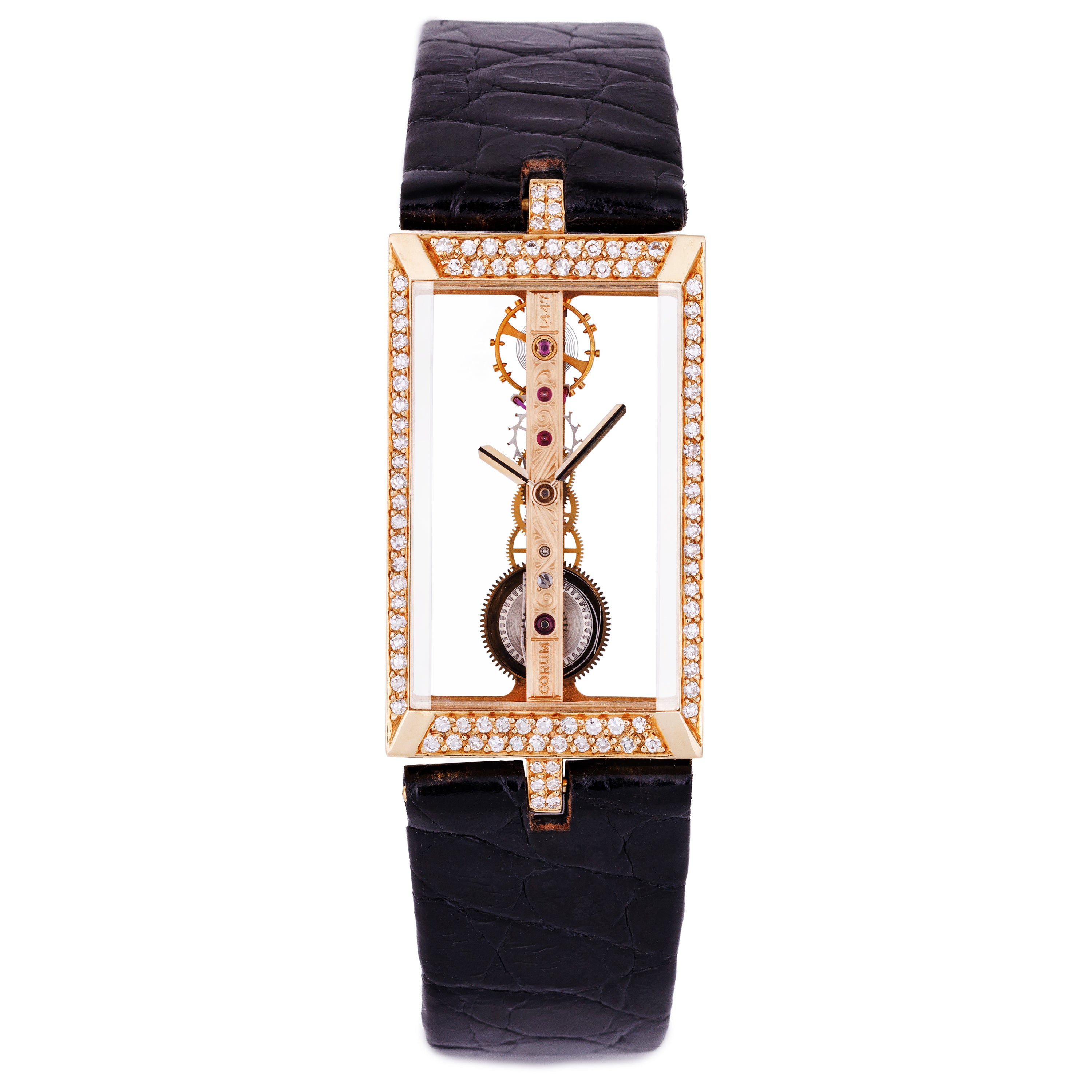 Corum Golden Bridge | REF. 13.206 | Skeletonised Dial | Diamond Bezel | 18k Yellow Gold | 20mm | Manual Wind | 1990's
