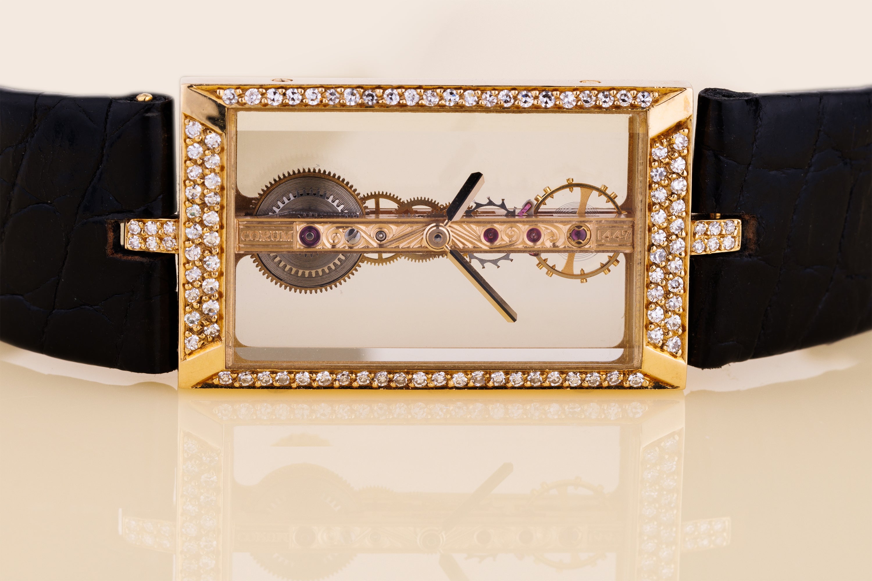 Corum Golden Bridge | REF. 13.206 | Skeletonised Dial | Diamond Bezel | 18k Yellow Gold | 20mm | Manual Wind | 1990's