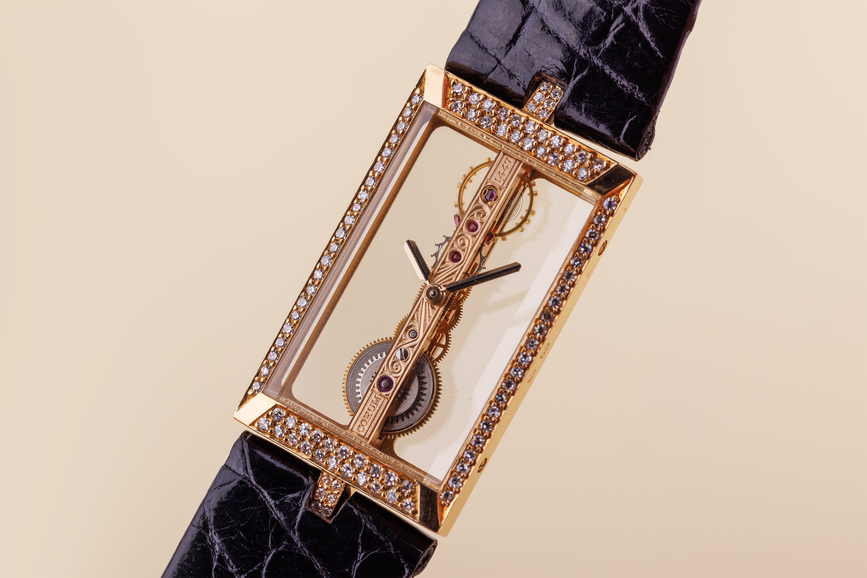 Corum Golden Bridge | REF. 13.206 | Skeletonised Dial | Diamond Bezel | 18k Yellow Gold | 20mm | Manual Wind | 1990's