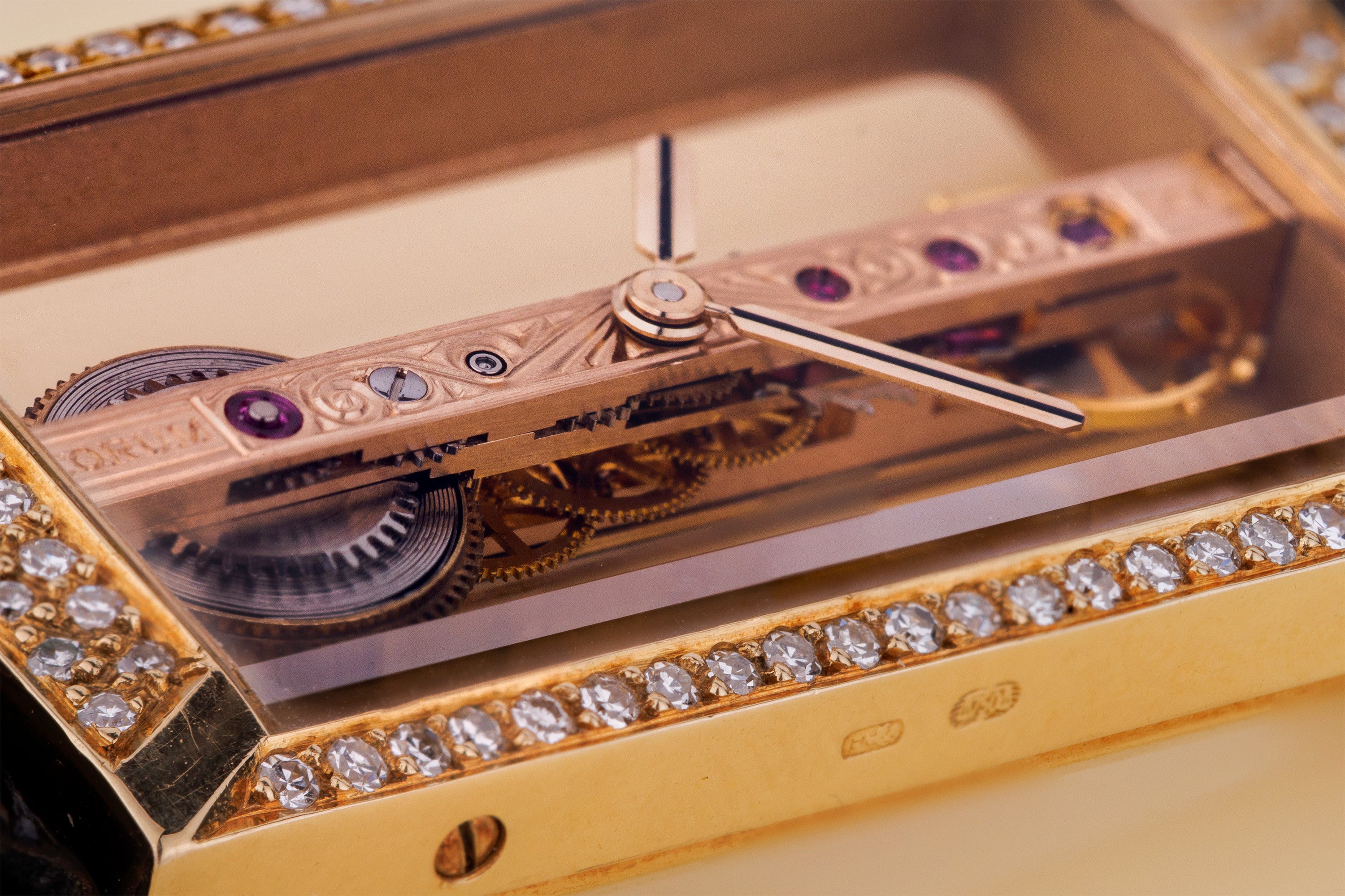 Corum Golden Bridge | REF. 13.206 | Skeletonised Dial | Diamond Bezel | 18k Yellow Gold | 20mm | Manual Wind | 1990's