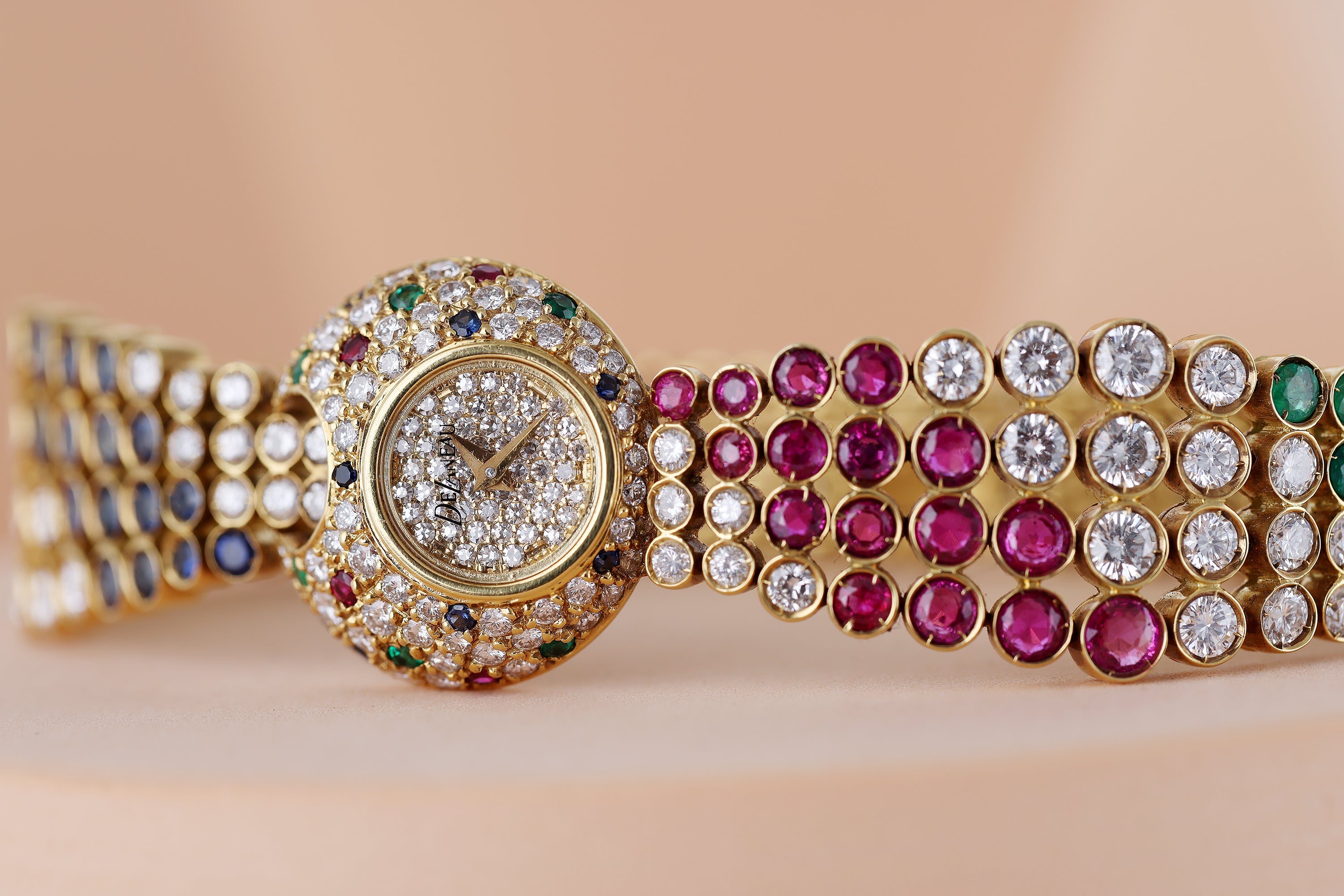 DeLaneau Ladies 1990's Watch | Diamond, Ruby, Sapphire & Emerald | 20.5mm | 18k Yellow Gold