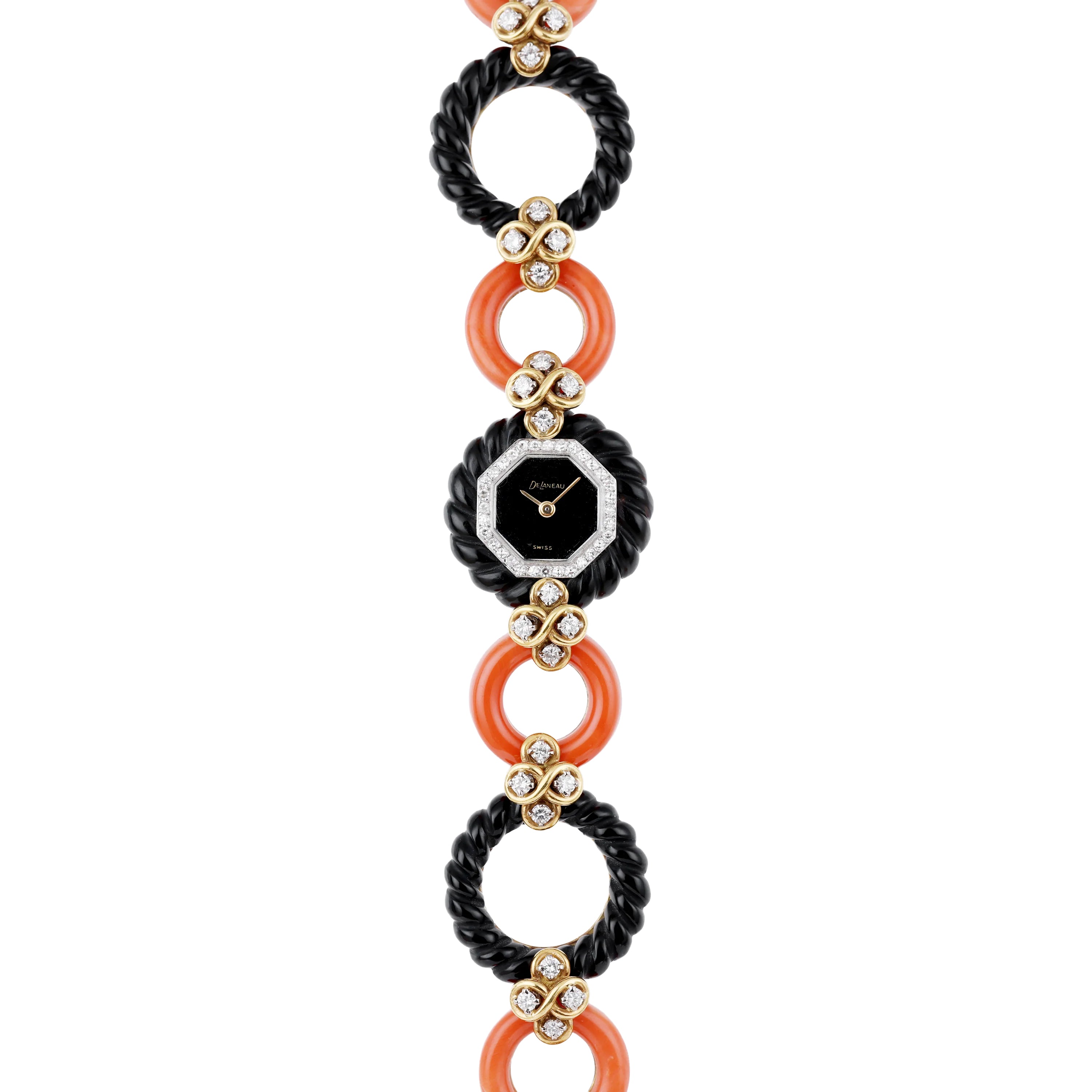DeLaneau Ladies Wristwatch | Coral & Onyx | 18k Yellow Gold | Diamond Setting | Circa 1970s