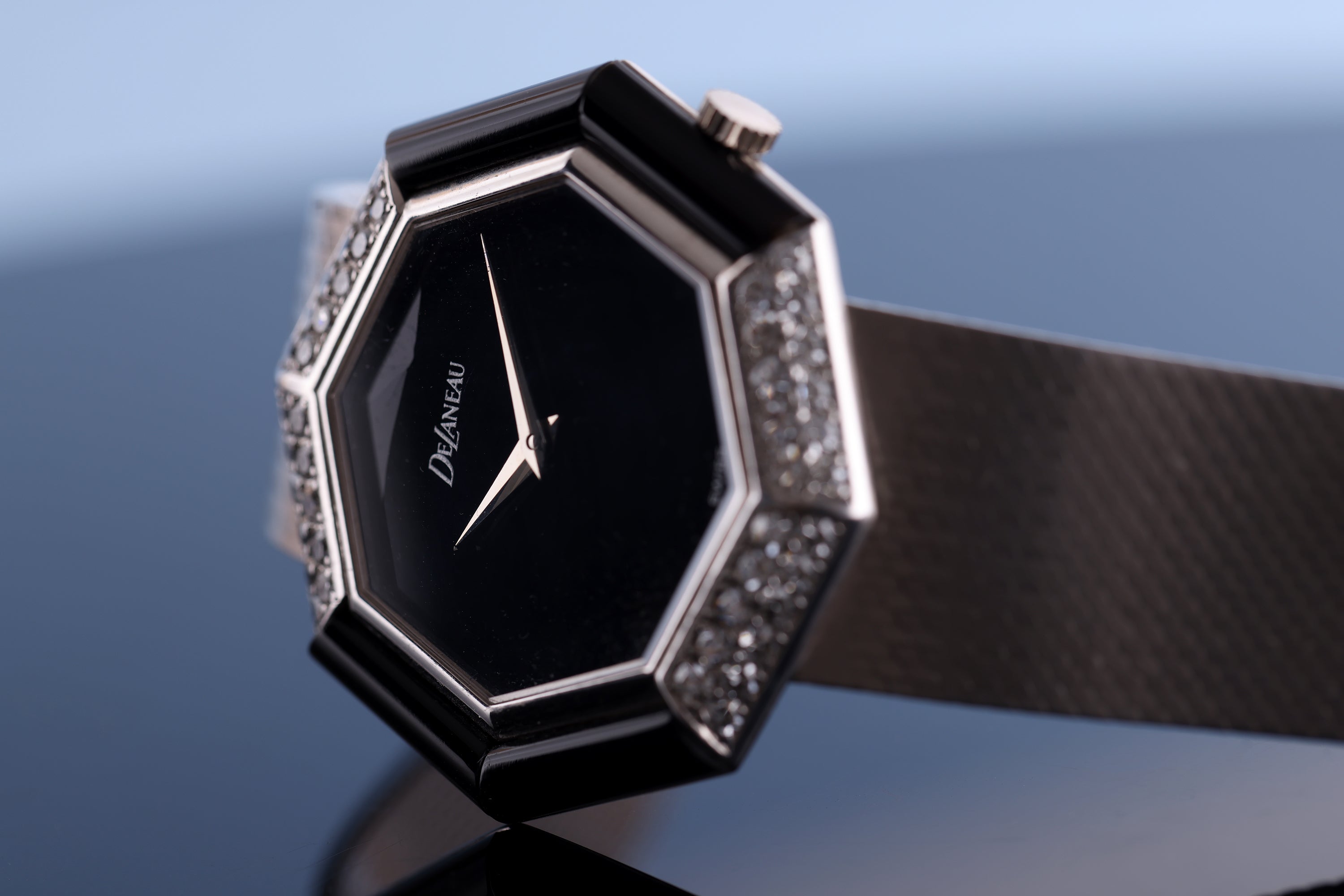 DeLaneau 1970's Wristwatch | Onyx & Diamonds | 18k White Gold | 36.5mm | Manual Wind