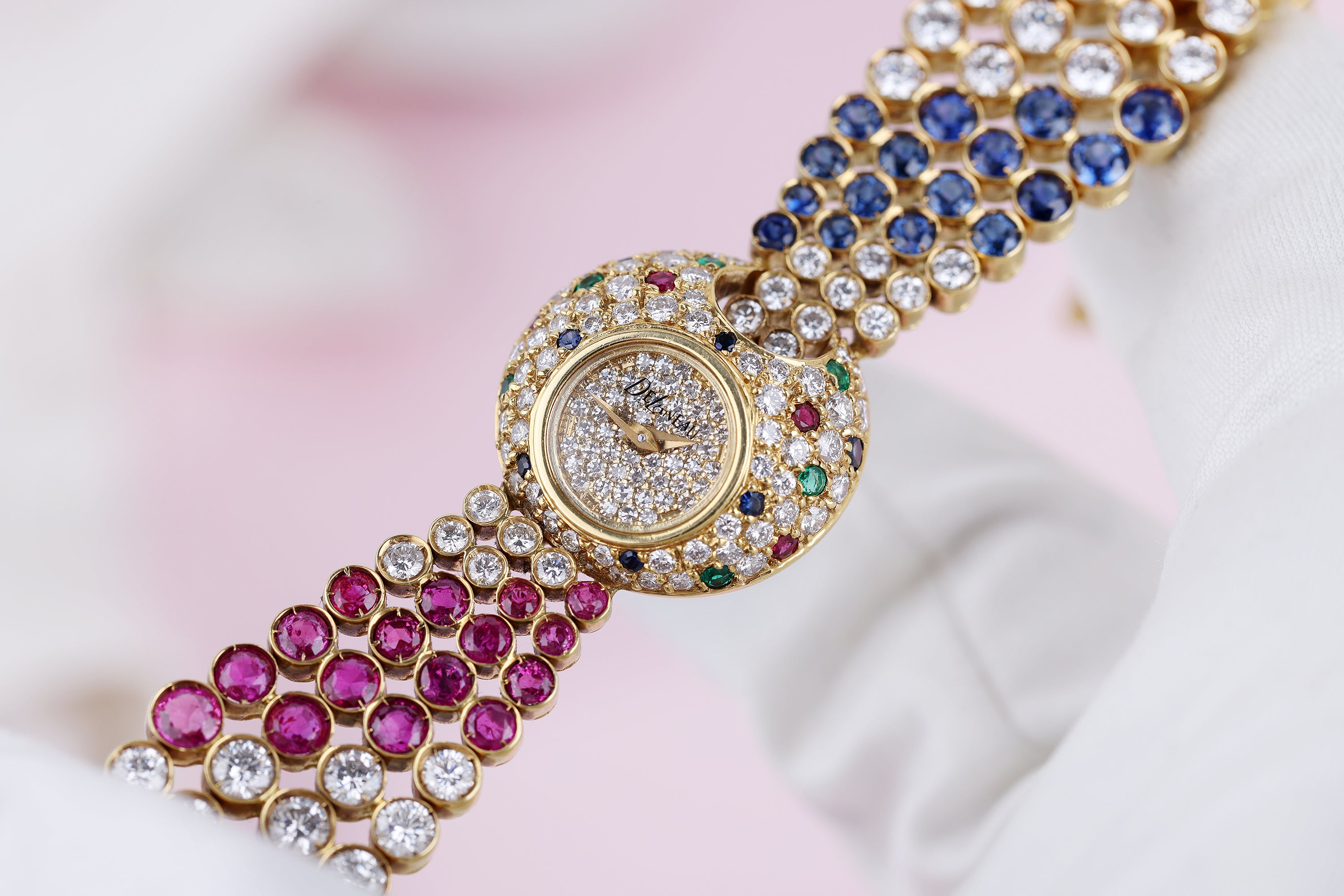 DeLaneau Ladies 1990's Watch | Diamond, Ruby, Sapphire & Emerald | 20.5mm | 18k Yellow Gold