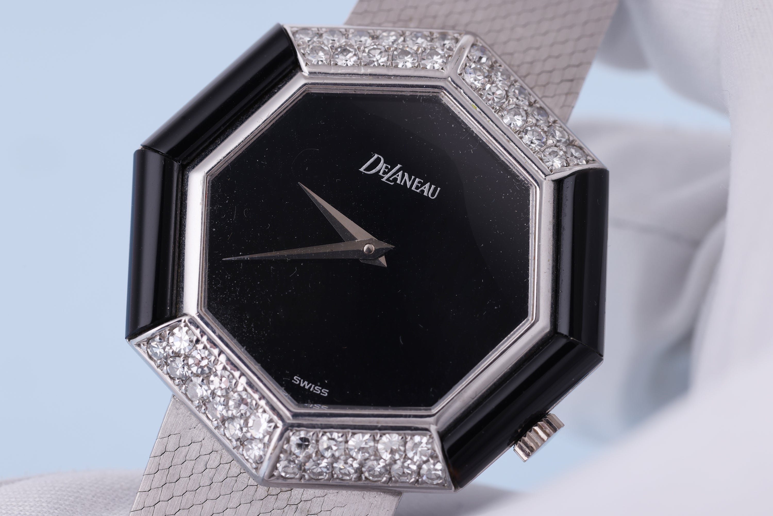 DeLaneau 1970's Wristwatch | Onyx & Diamonds | 18k White Gold | 36.5mm | Manual Wind