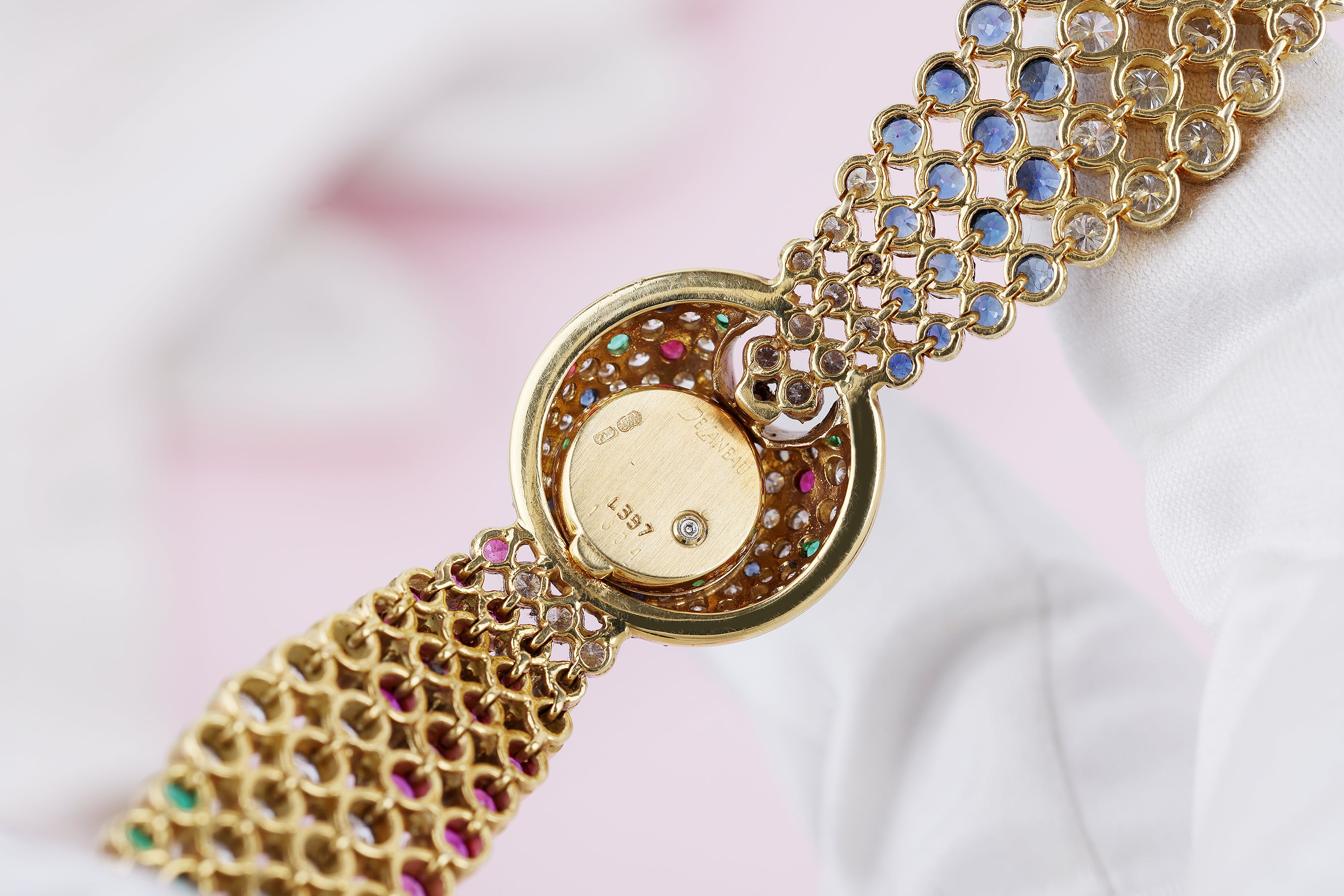 DeLaneau Ladies 1990's Watch | Diamond, Ruby, Sapphire & Emerald | 20.5mm | 18k Yellow Gold