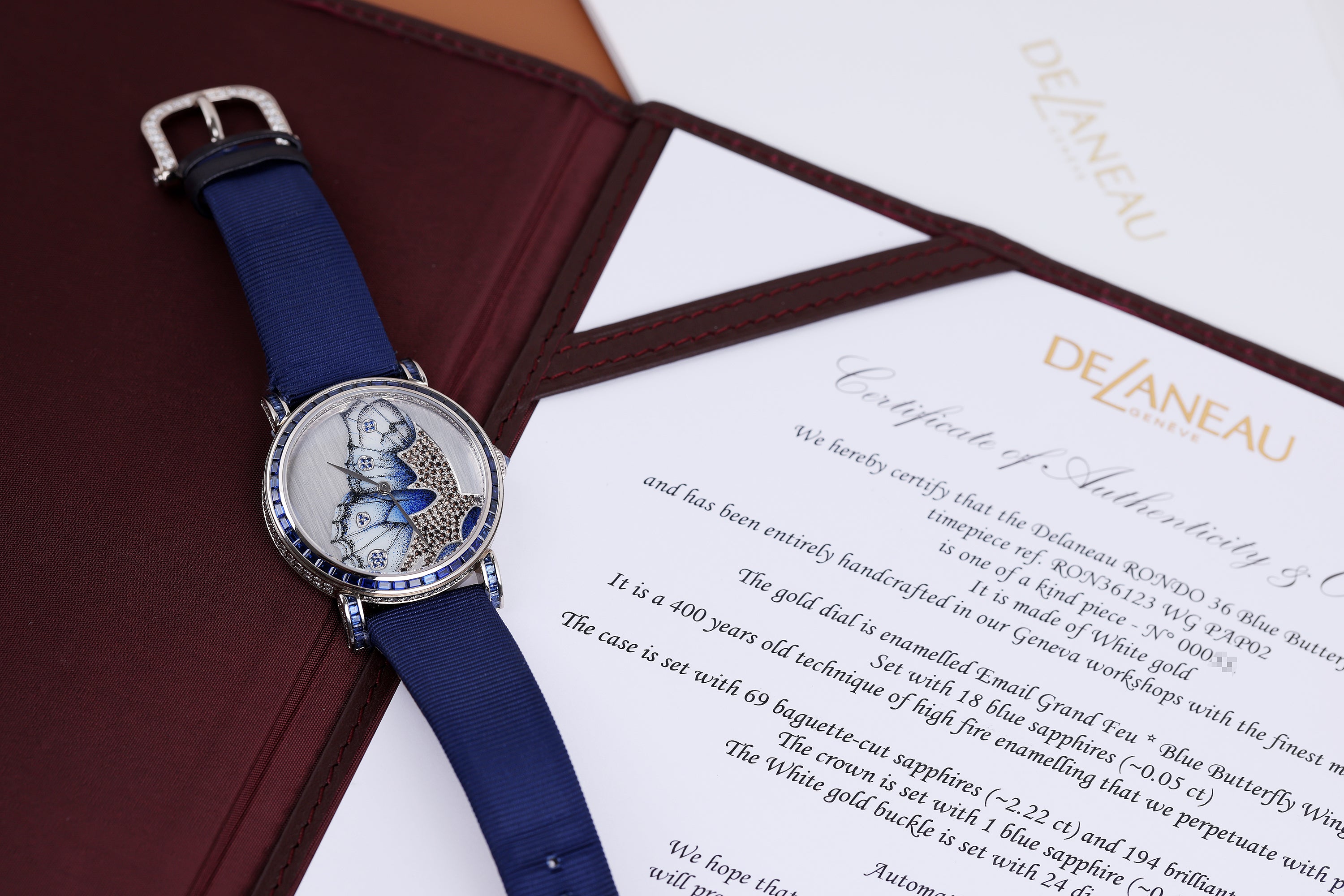DeLaneau | Rondo 36 Blue Butterfly Wing | REF. RON36123 WG PAP02 | Piece Unique | 18k White Gold | Box & Papers | RRP £85,900
