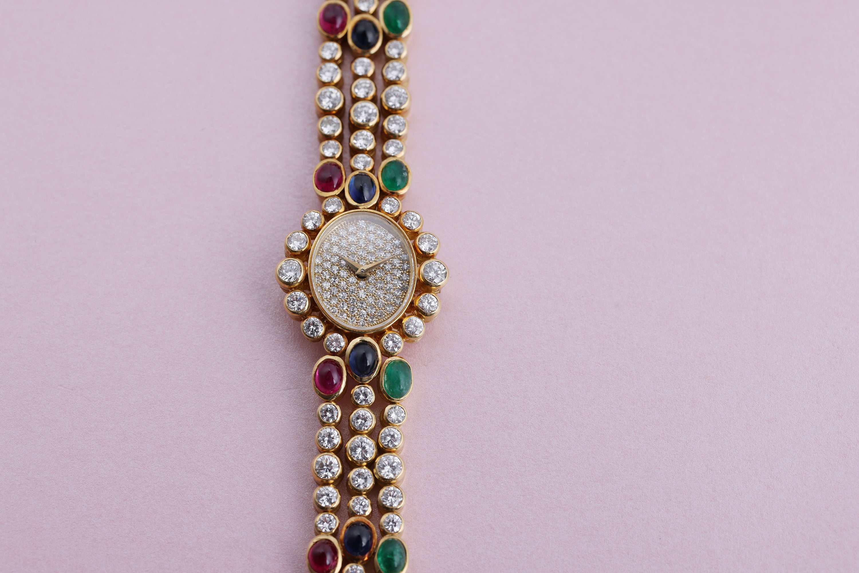 DeLaneau 1990's Ladies Wristwatch | Pavé Diamonds & Multi Gemstones | Ruby, Emerald & Sapphire Cabochons | 18k Yellow Gold