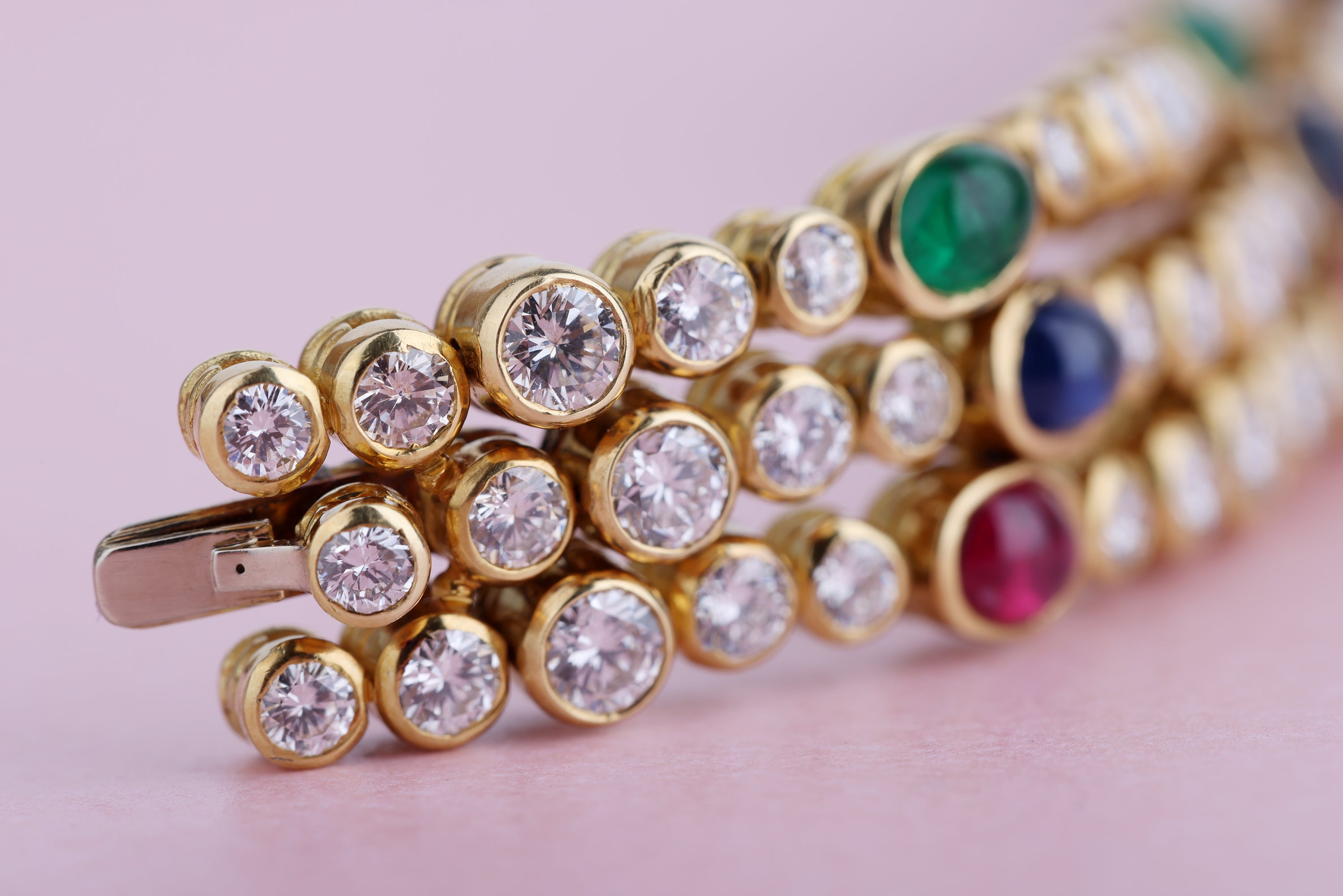DeLaneau 1990's Ladies Wristwatch | Pavé Diamonds & Multi Gemstones | Ruby, Emerald & Sapphire Cabochons | 18k Yellow Gold