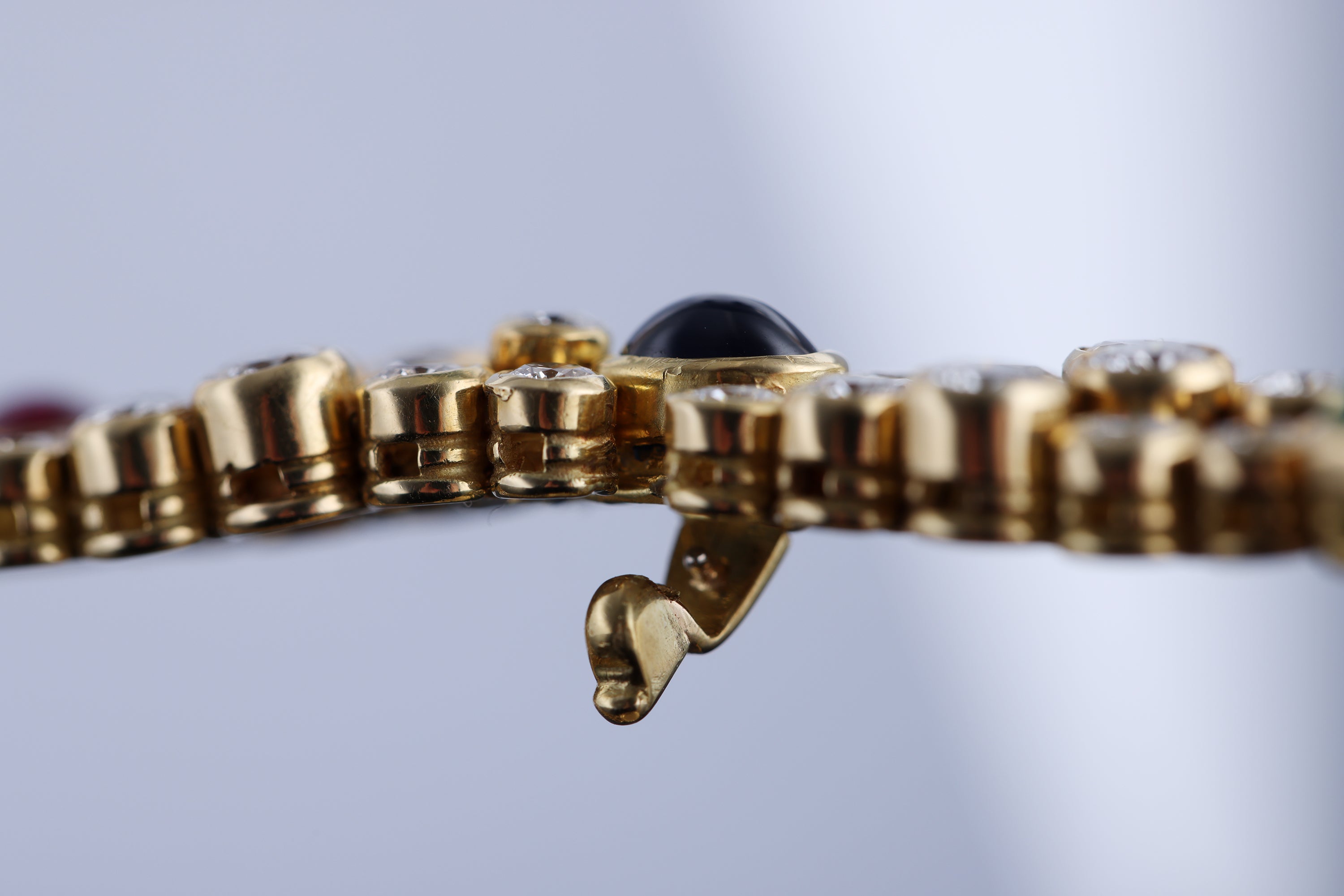 DeLaneau 1990's Ladies Wristwatch | Pavé Diamonds & Multi Gemstones | Ruby, Emerald & Sapphire Cabochons | 18k Yellow Gold