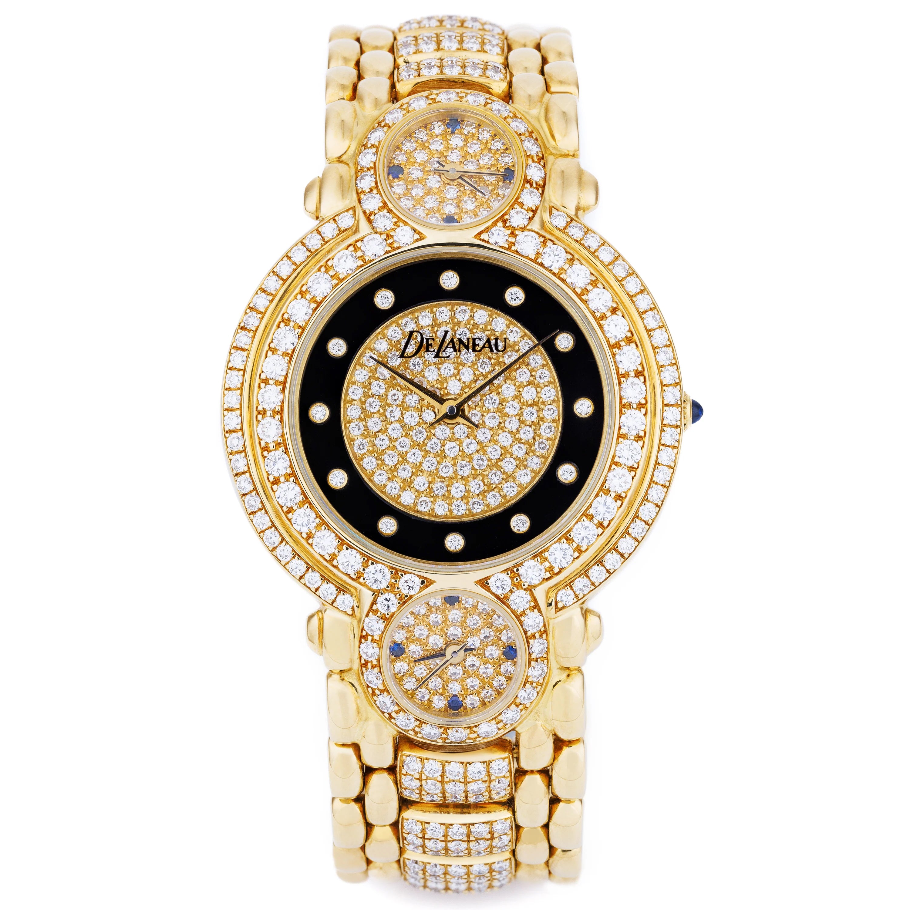 DeLaneau Triple Dial Triple Timezone Wristwatch | Pavé Diamond Dial, Bezel & Bracelet | 33mm | 18k Yellow Gold | Quartz
