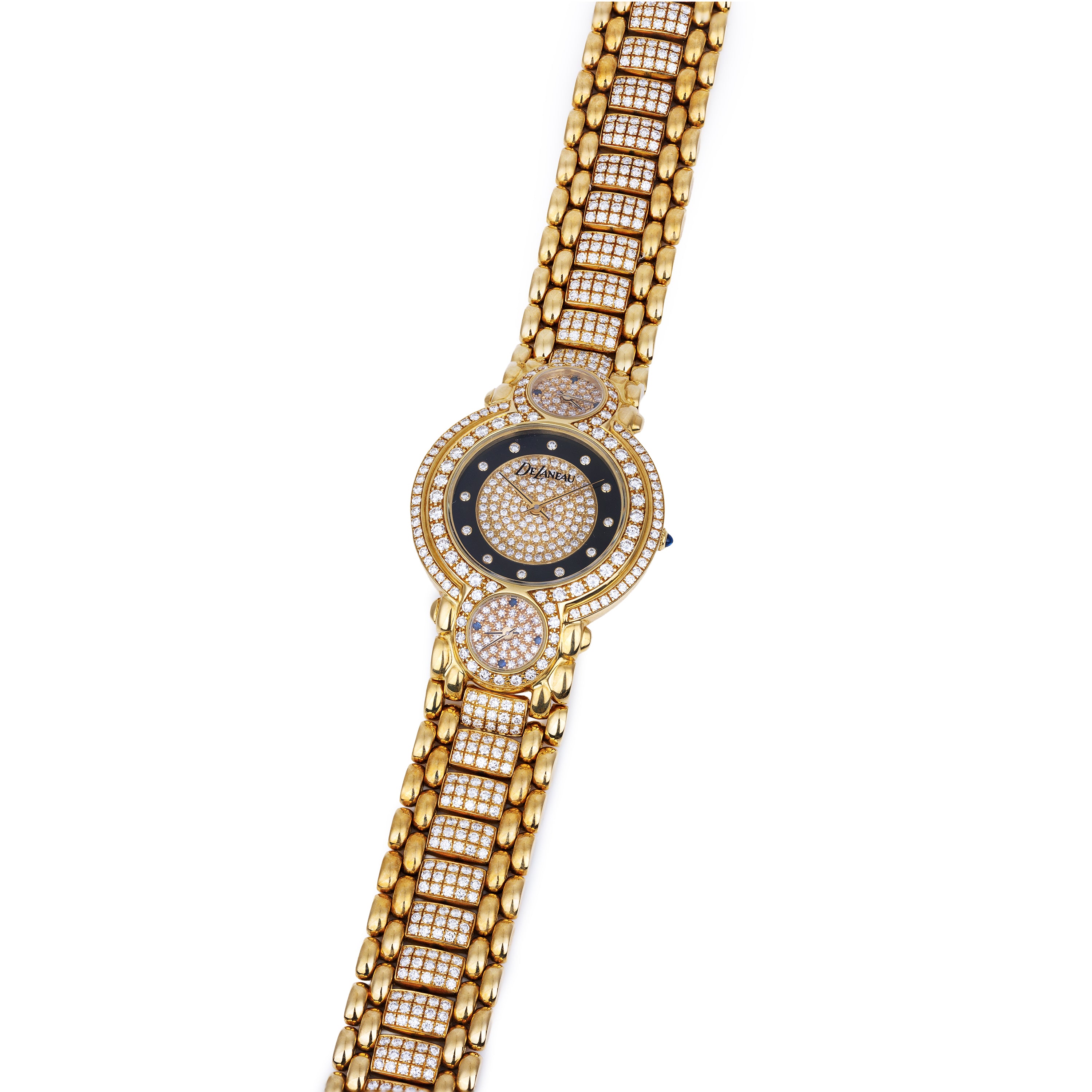 DeLaneau Triple Dial Triple Timezone Wristwatch | Pavé Diamond Dial, Bezel & Bracelet | 33mm | 18k Yellow Gold | Quartz