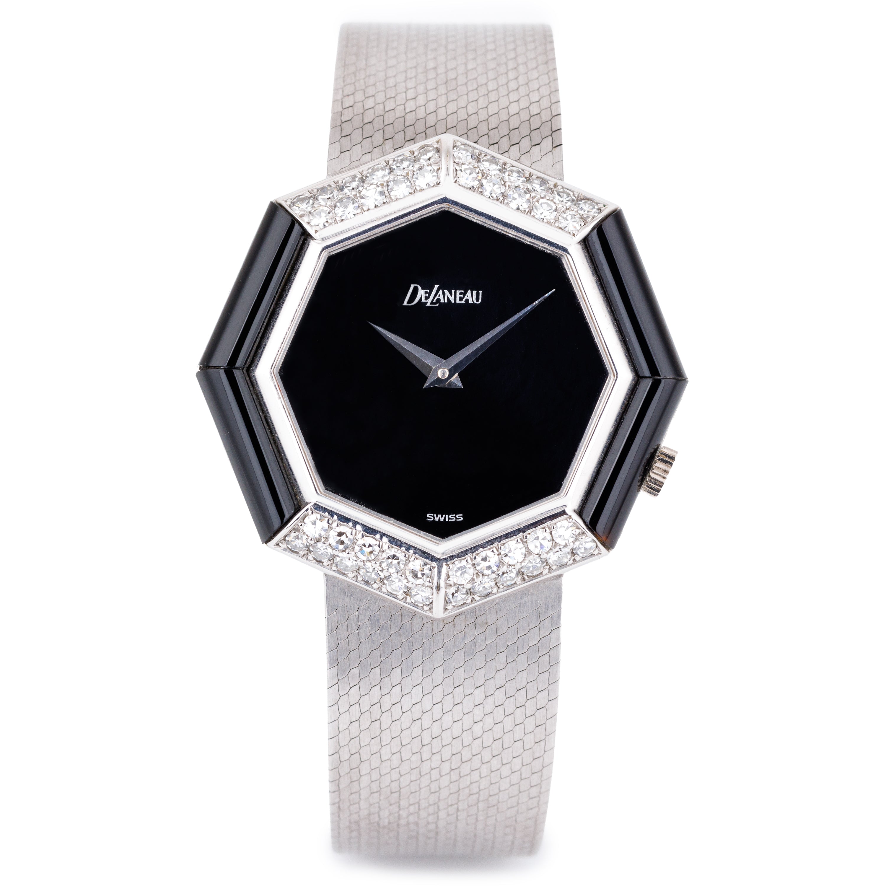DeLaneau 1970's Wristwatch | Onyx & Diamonds | 18k White Gold | 36.5mm | Manual Wind