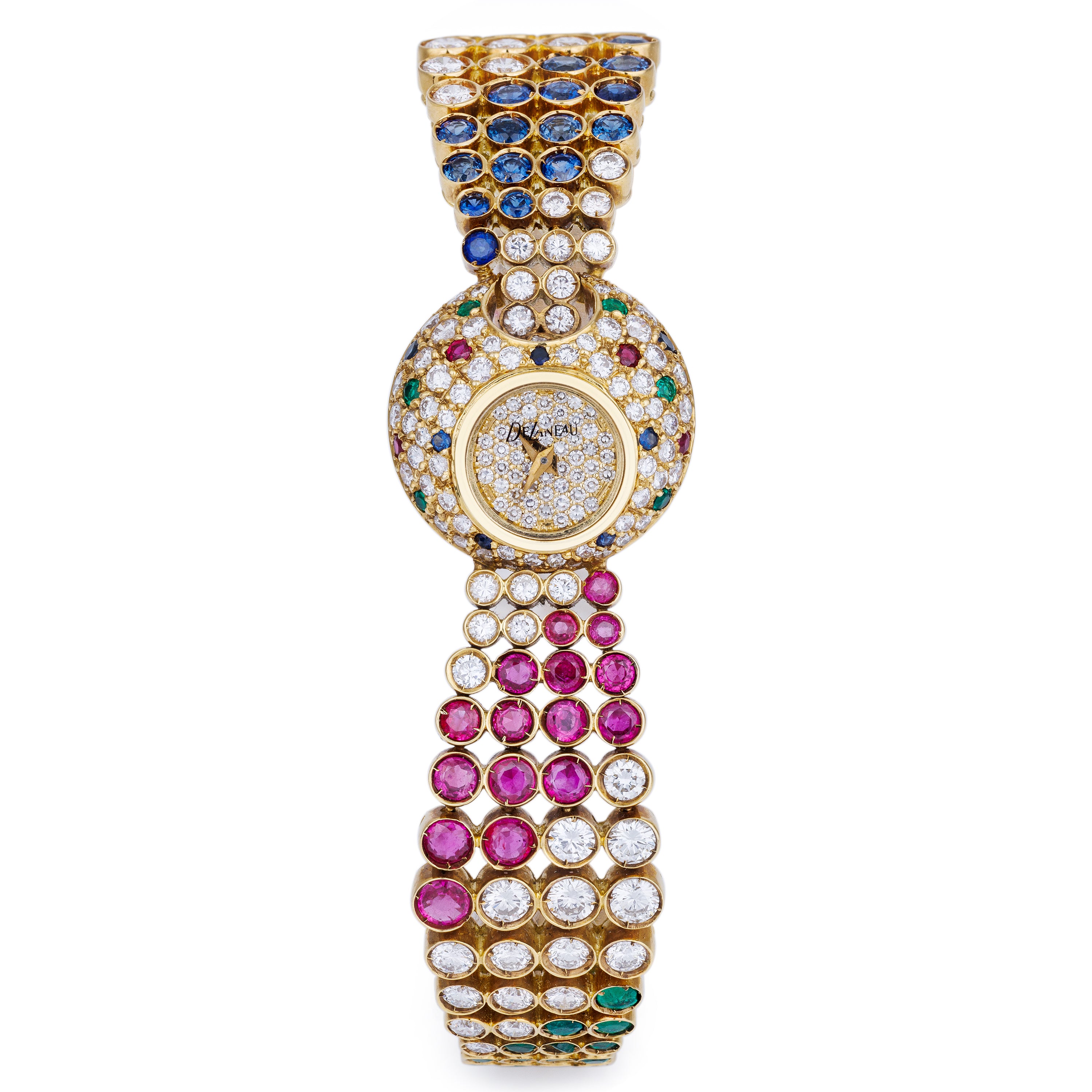 DeLaneau Ladies 1990's Watch | Diamond, Ruby, Sapphire & Emerald | 20.5mm | 18k Yellow Gold