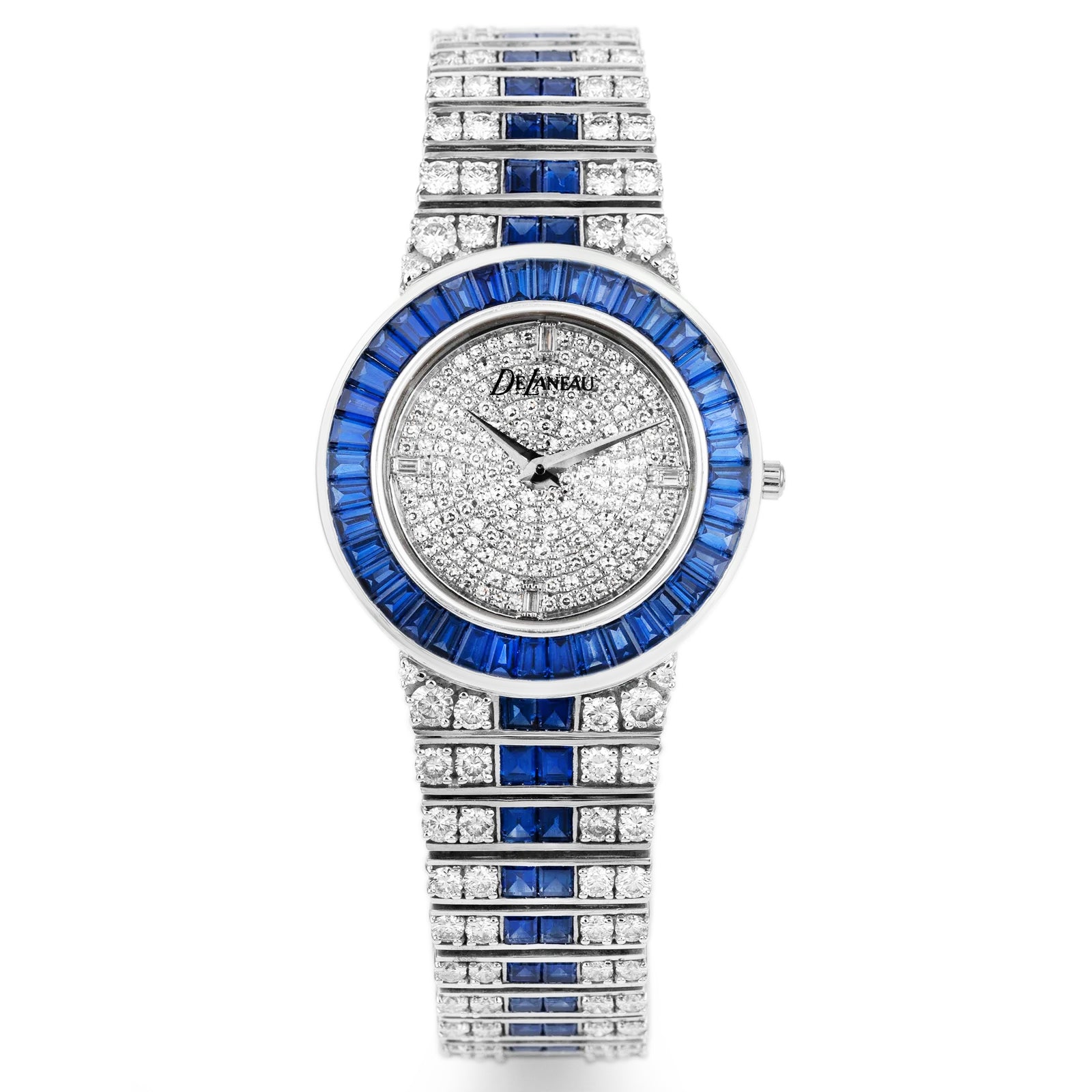 Unworn Rare DeLaneau Wristwatch | Pave Diamond Dial, Sapphire Baguette Bezel & Diamond & Sapphire Bracelet | 18k White Gold