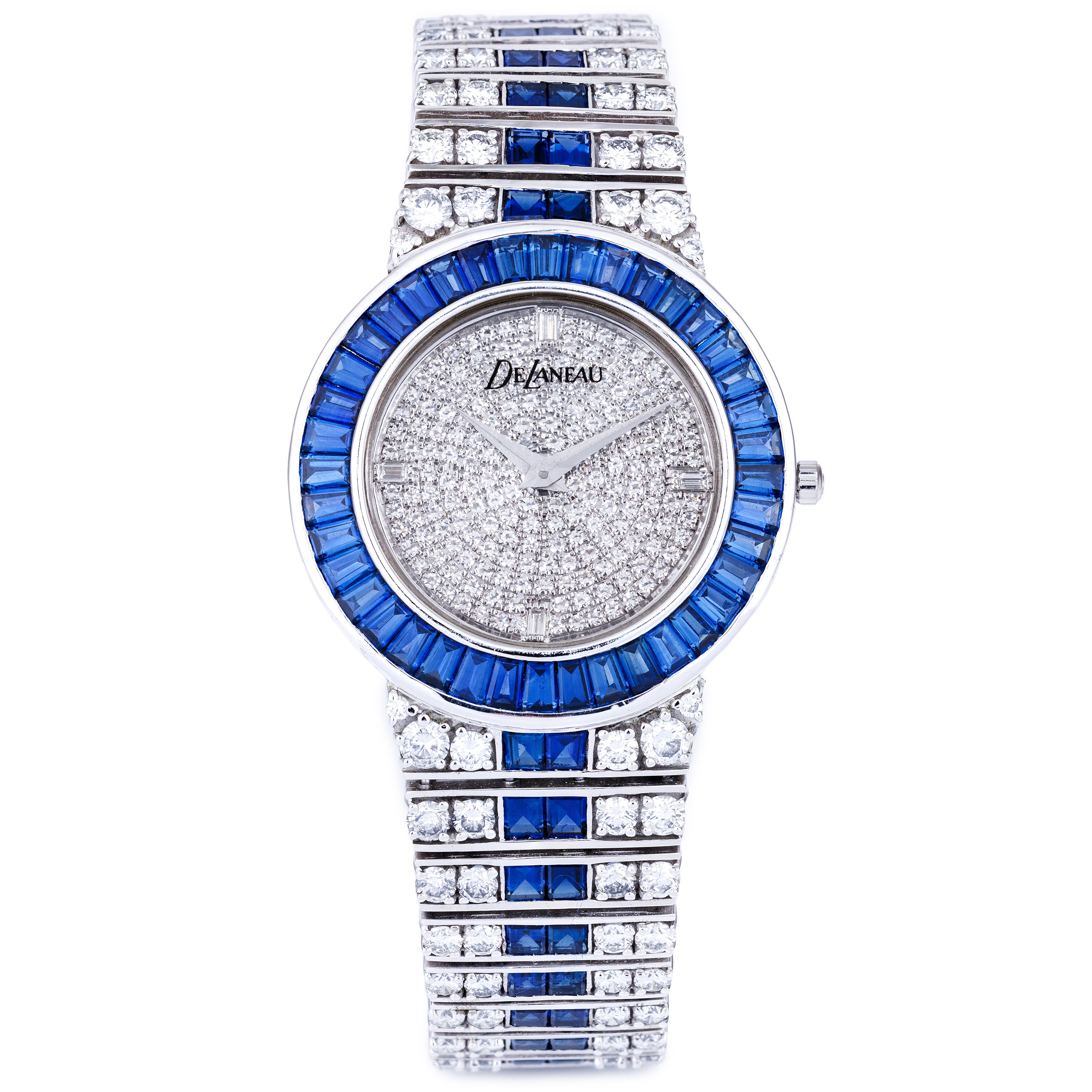 Unworn Rare DeLaneau Wristwatch | Pave Diamond Dial, Sapphire Baguette Bezel & Diamond & Sapphire Bracelet | 18k White Gold