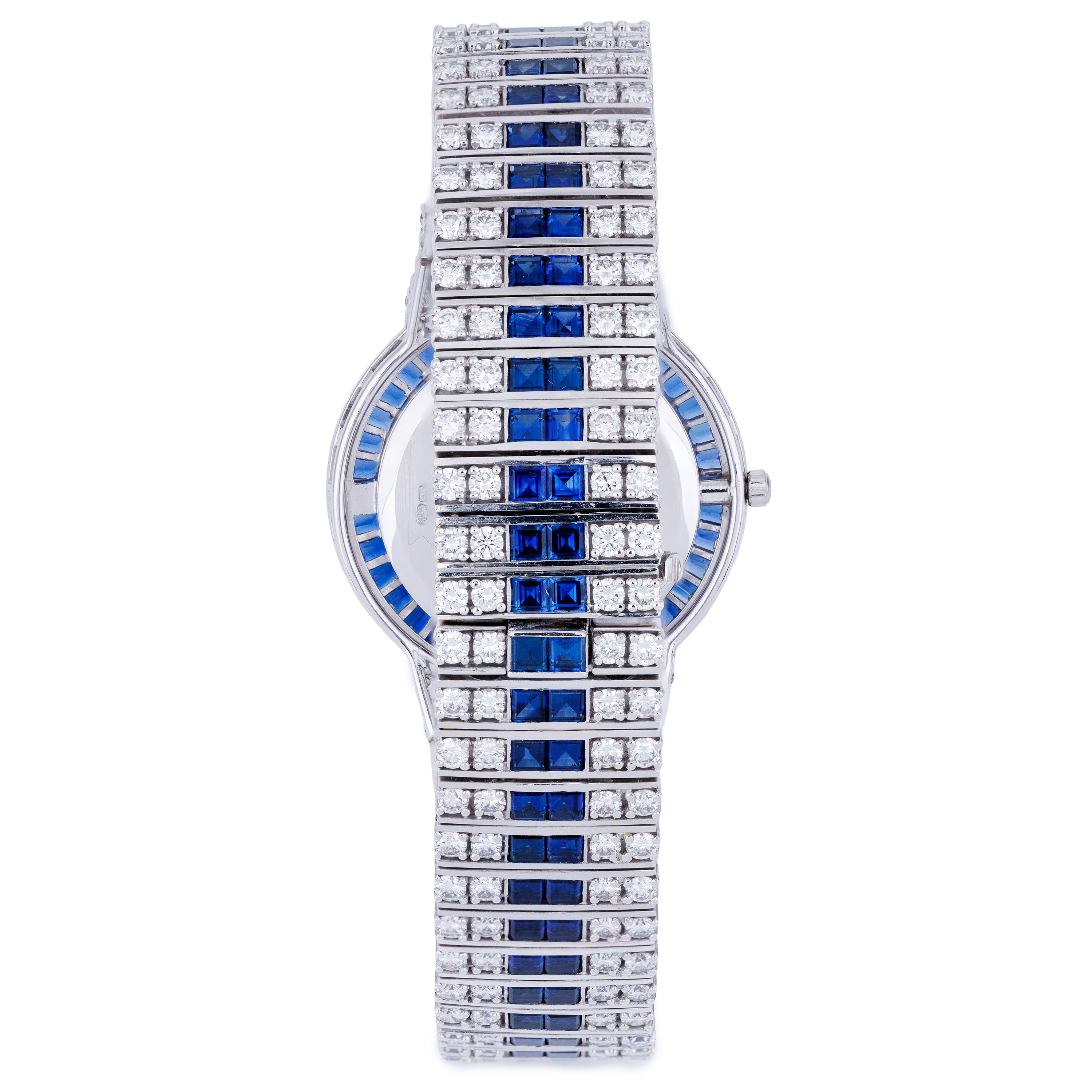 Unworn Rare DeLaneau Wristwatch | Pave Diamond Dial, Sapphire Baguette Bezel & Diamond & Sapphire Bracelet | 18k White Gold