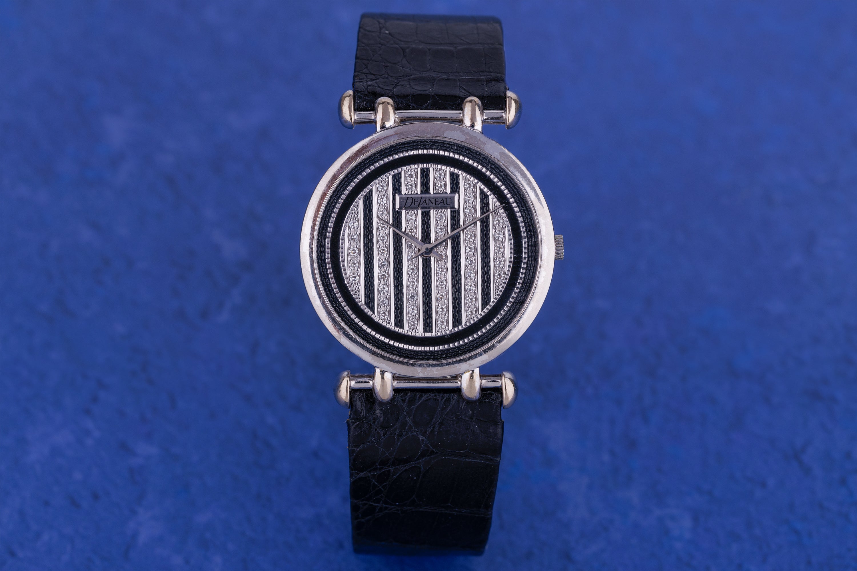 DeLaneau Vintage Ladies Watch | Pavé Diamond & Gold Engraved Dial | 18k White Gold | Quartz | 30mm | 1990s