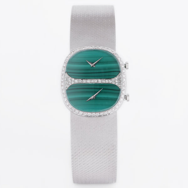 Chopard Dual Time Watch | Malachite Dial | Diamond Dial & Bezel | REF. 2104 1 | 18k White Gold | 30.5mm 1980's