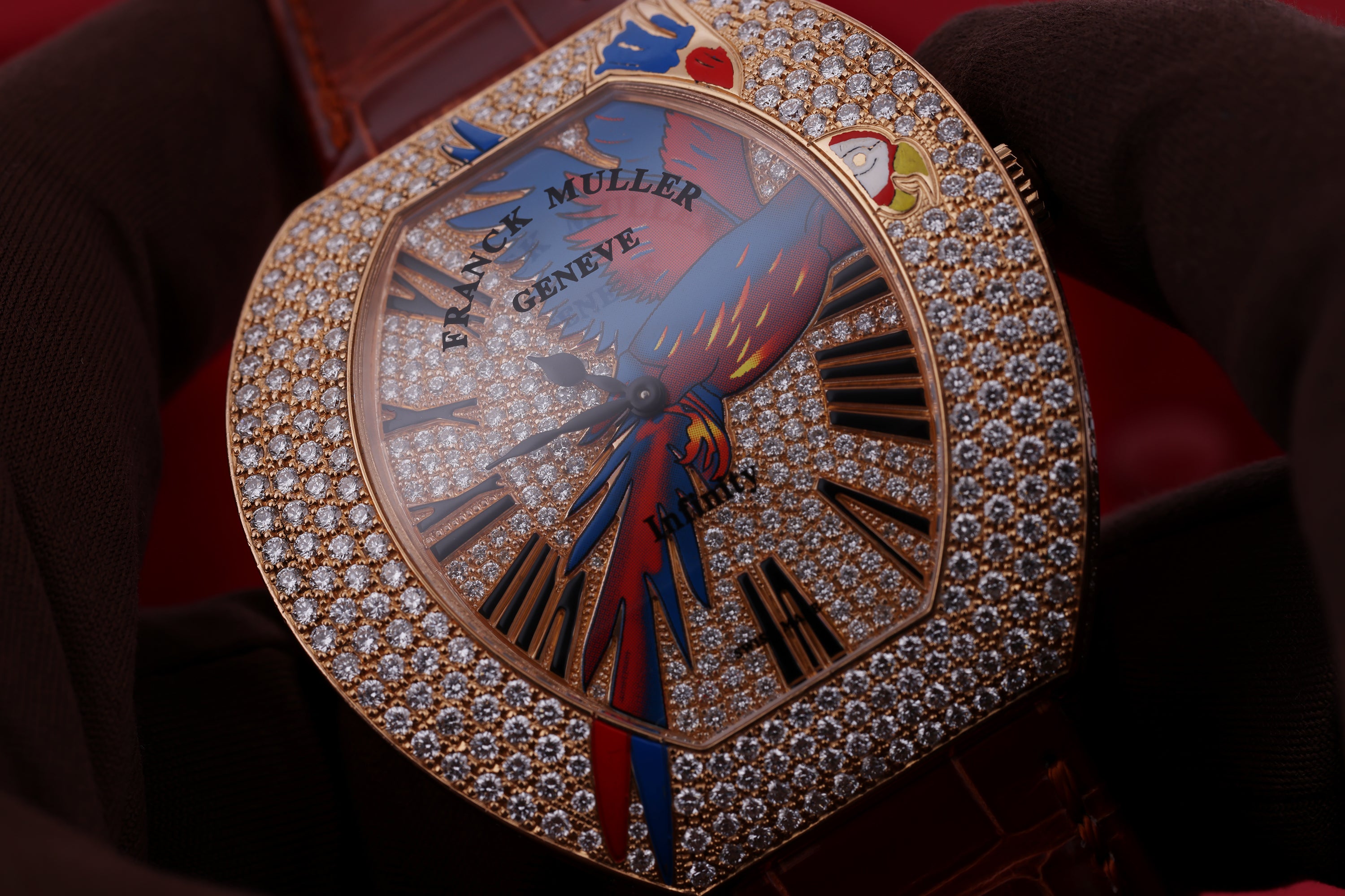 Franck Muller Infinity | 'Parrot' Limited Edition of 6 | REF. 3545 QZ PAR D CD | Pavé Diamonds & Enamel | 18k Rose Gold | 45 x 47 mm | 2010s?