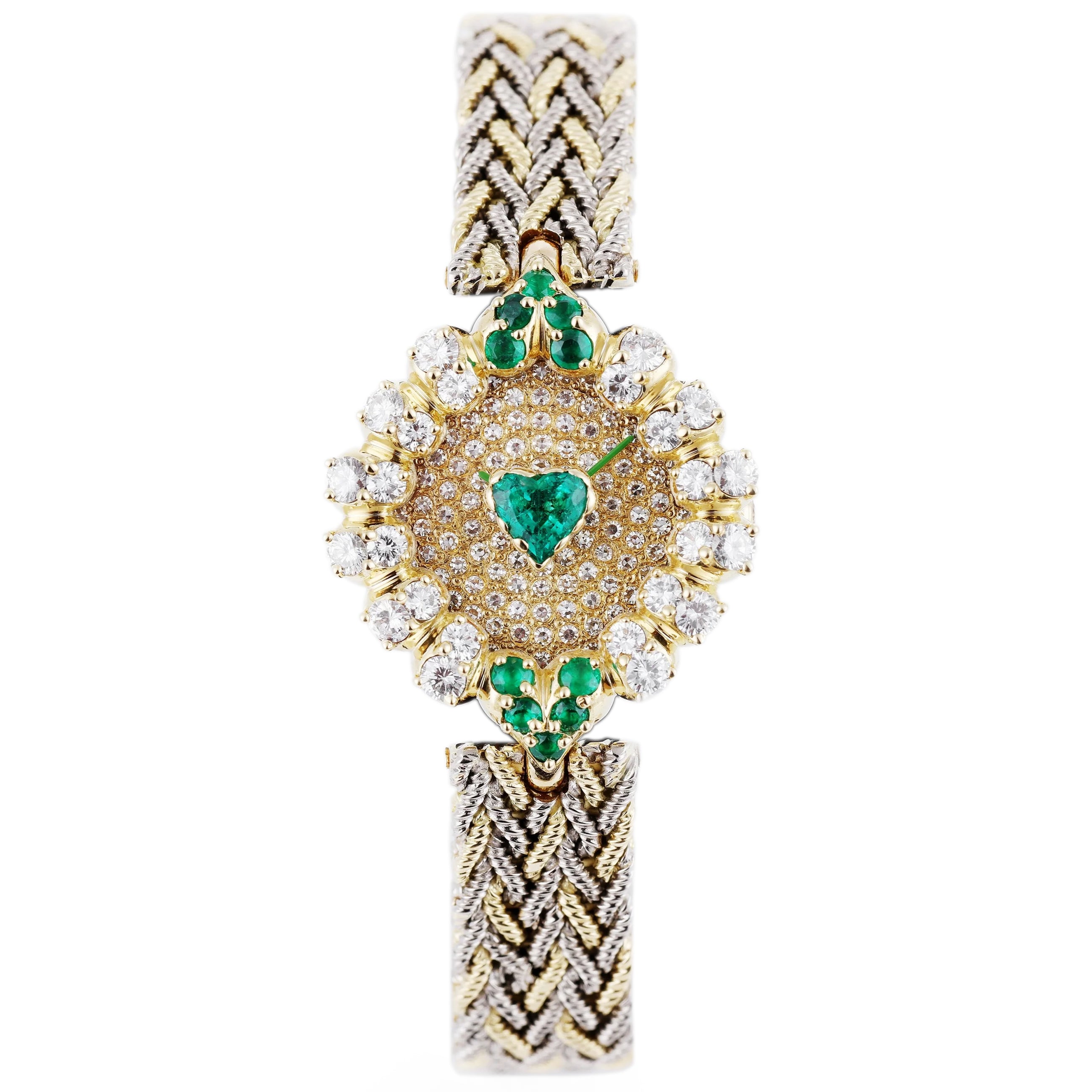 Gerald Genta | REF. G 2055.7 | Heart-Shaped Emerald Center Piece | Pavé Diamond Dial | Emerald & Diamond Bezel | 18k Yellow & White Gold | Circa 1990's