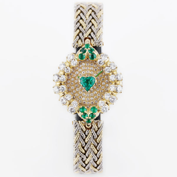 Gerald Genta | REF. G 2055.7 | Heart-Shaped Emerald Center Piece | Pavé Diamond Dial | Emerald & Diamond Bezel | 18k Yellow & White Gold | Circa 1990's