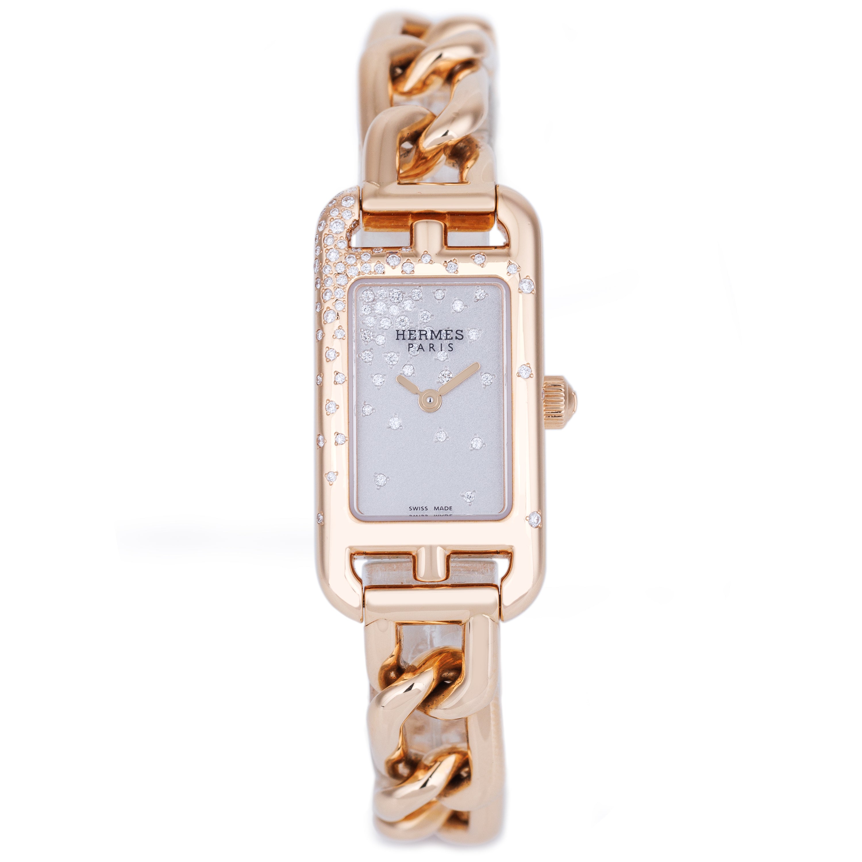 Hermes Ladies Watch | Nantucket | REF. NA2.172 | 18k Rose Gold | Scattered Diamond Bezel | Silver Dial | 17x32.5mm | Box & Papers | 2022