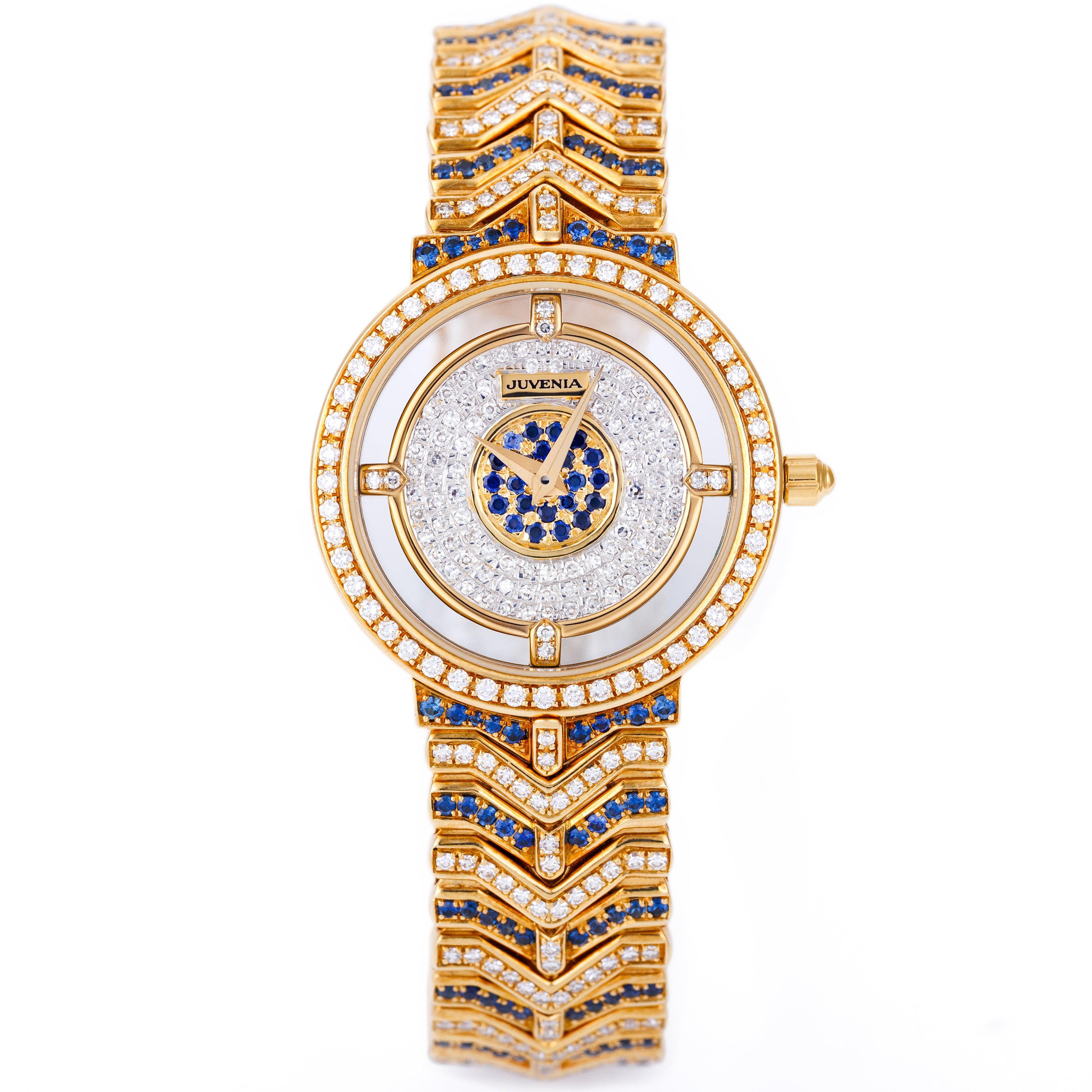 Juvenia Vintage Ladies Gold Watch | REF. 238 | Pavé Diamonds & Sapphires | 18k Yellow Gold | 26.5mm | Circa 1990's
