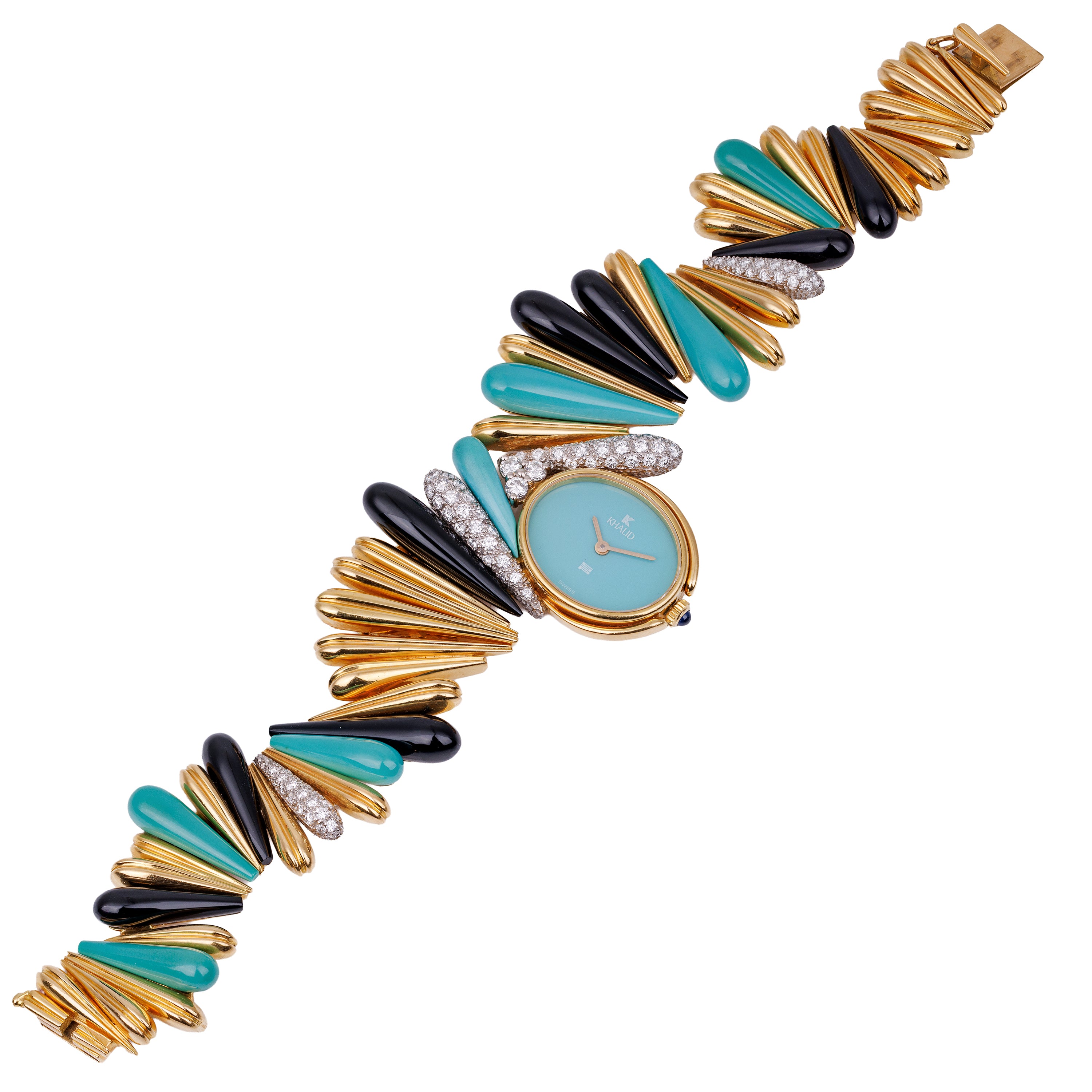 Schlegel & Plana 1970's Wristwatch | Turquoise, Onyx, Diamonds | 18k White & Yellow Gold | Manual Wind