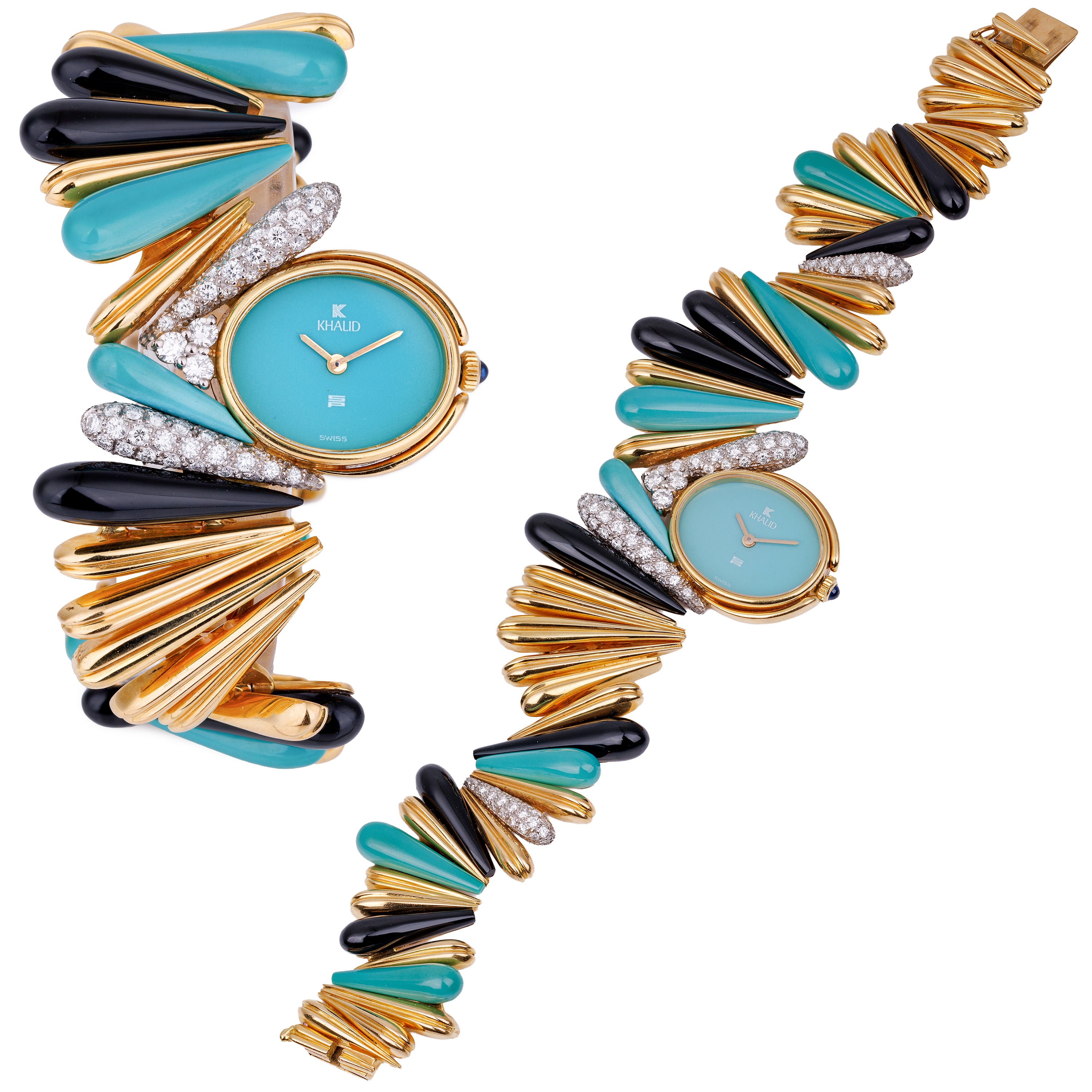 Schlegel & Plana 1970's Wristwatch | Turquoise, Onyx, Diamonds | 18k White & Yellow Gold | Manual Wind