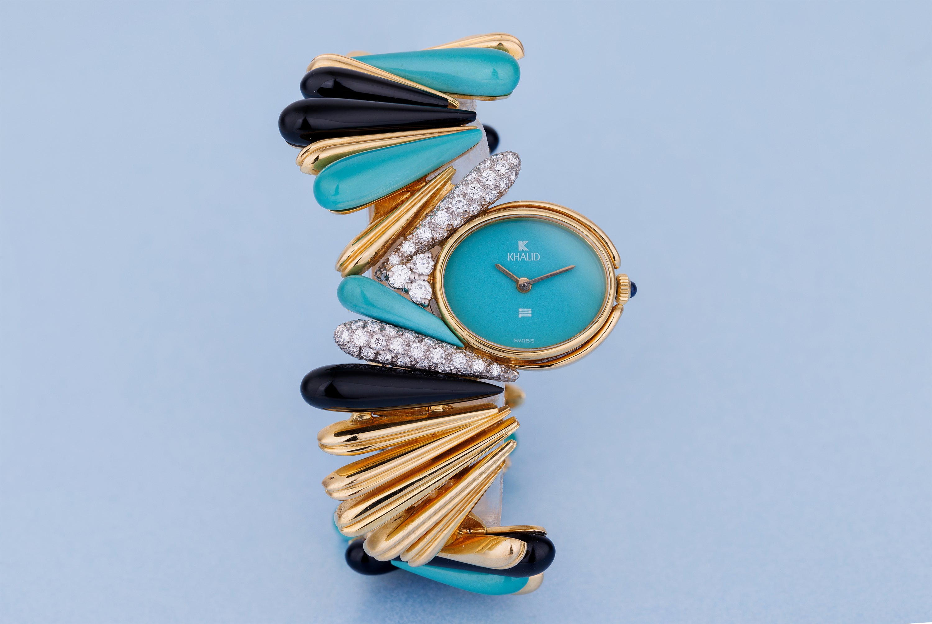 Schlegel & Plana 1970's Wristwatch | Turquoise, Onyx, Diamonds | 18k White & Yellow Gold | Manual Wind