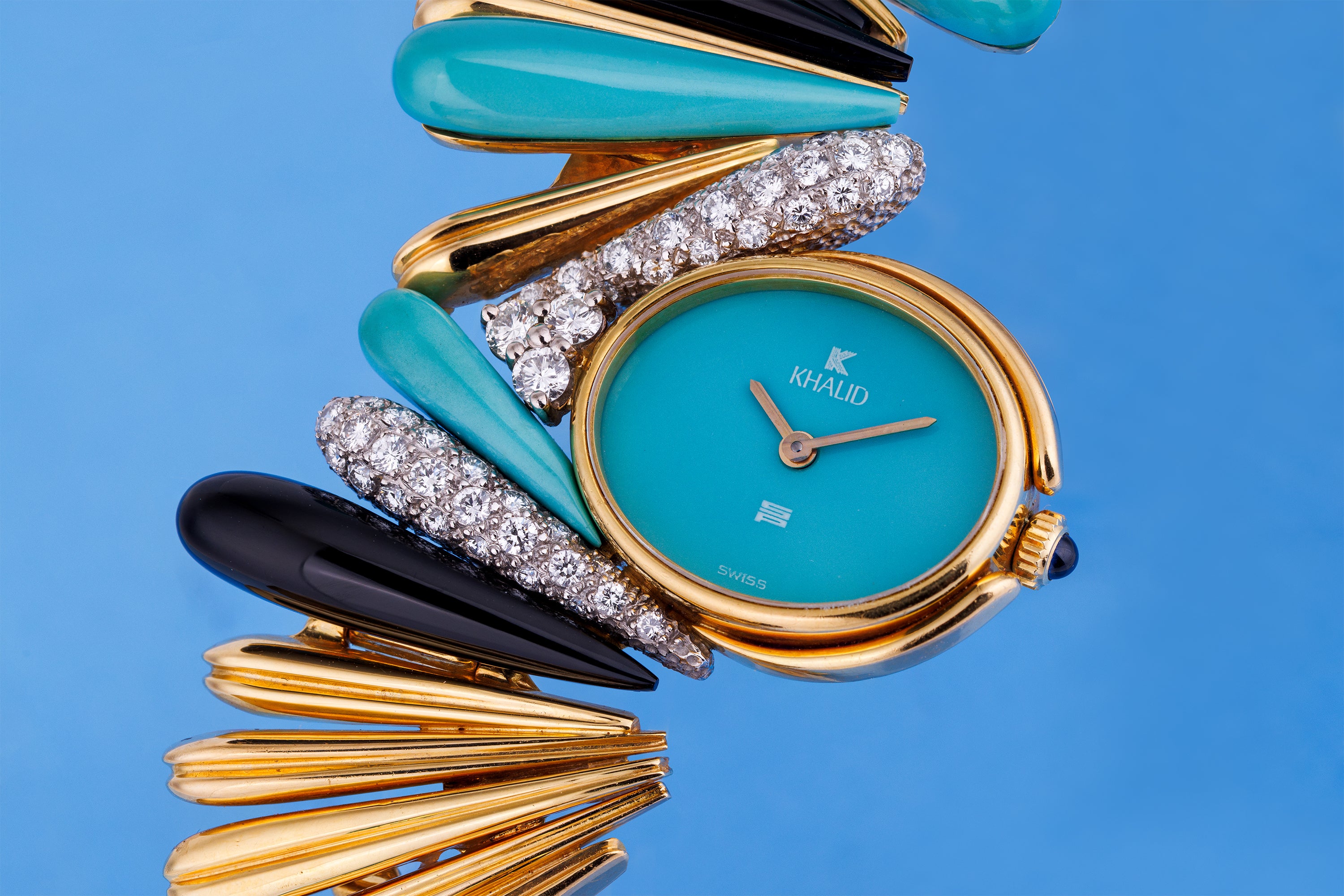 Schlegel & Plana 1970's Wristwatch | Turquoise, Onyx, Diamonds | 18k White & Yellow Gold | Manual Wind
