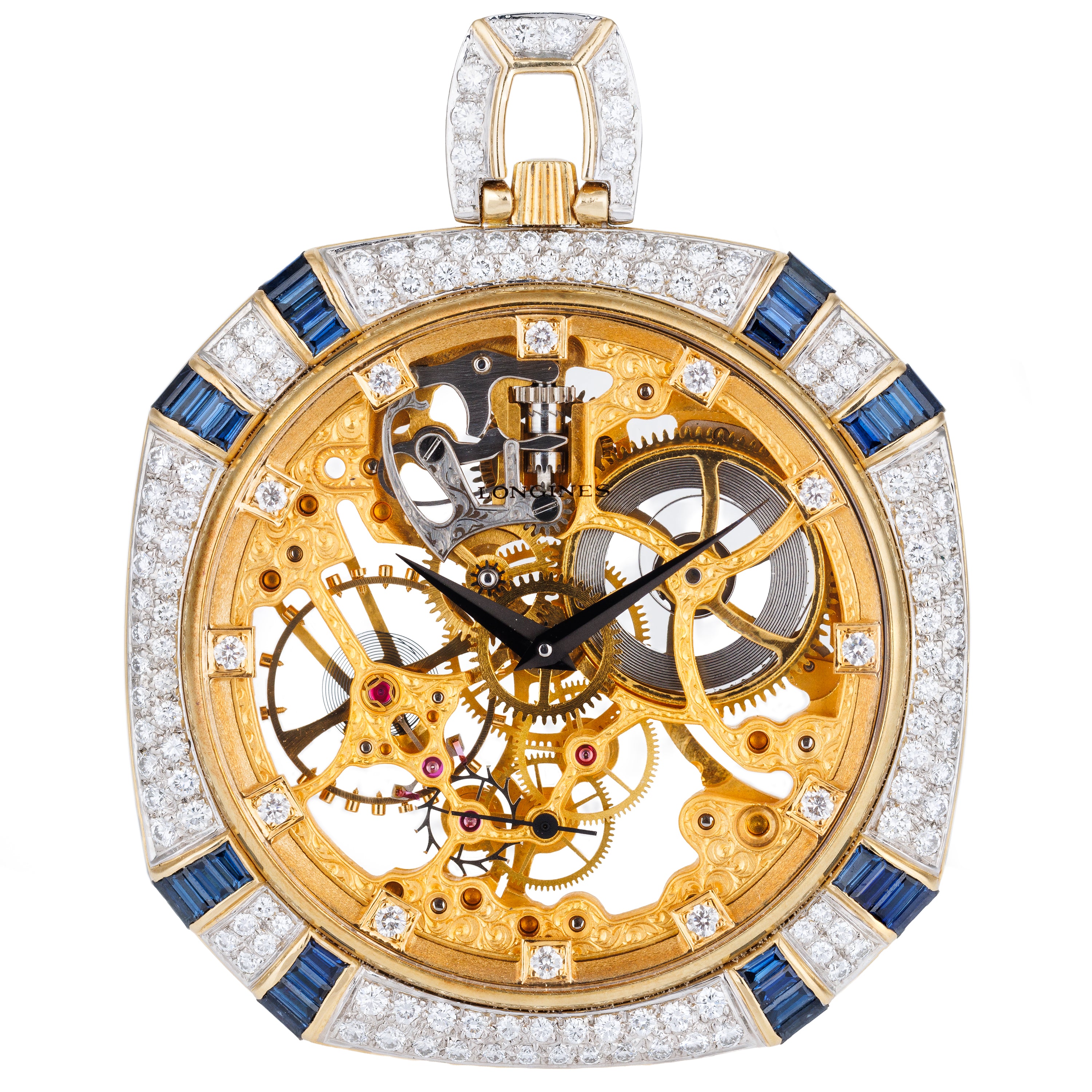 Rare Longines Pocket Watch | Diamonds & Sapphires | 18k Yellow & White Gold | 50mm | 1980's