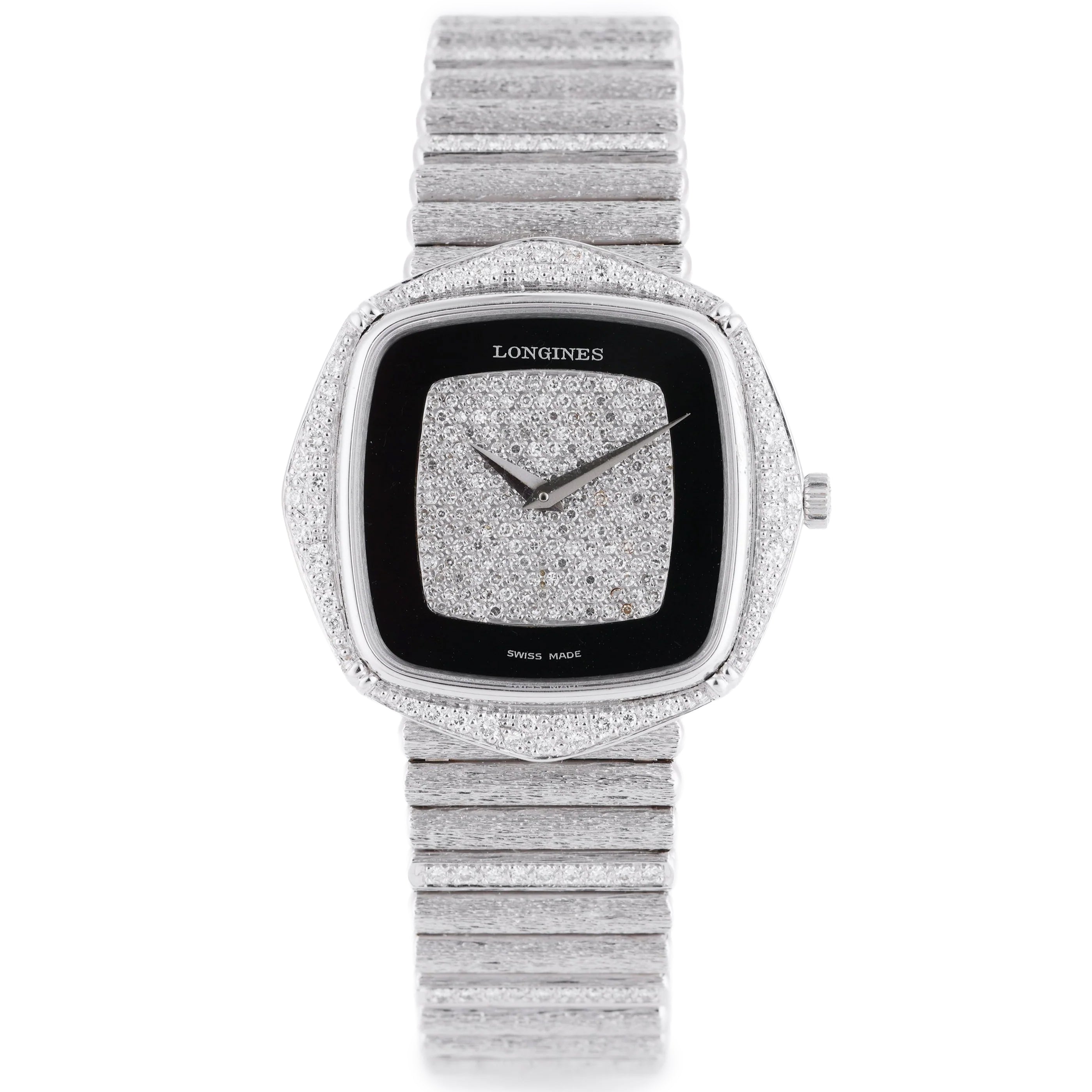 Longines Vintage Watch | Onyx & Pavé Diamond Dial | 18k White Gold | Diamond Bezel & Bracelet with Bark Finish | 35mm | 1970s