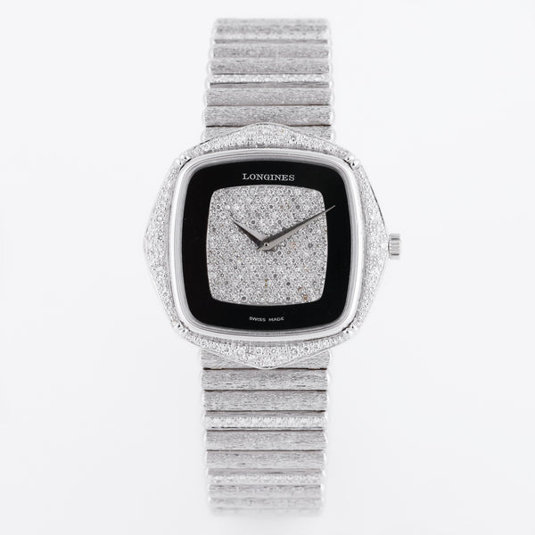 Longines Vintage Watch | Onyx & Pavé Diamond Dial | 18k White Gold | Diamond Bezel & Bracelet with Bark Finish | 35mm | 1970s