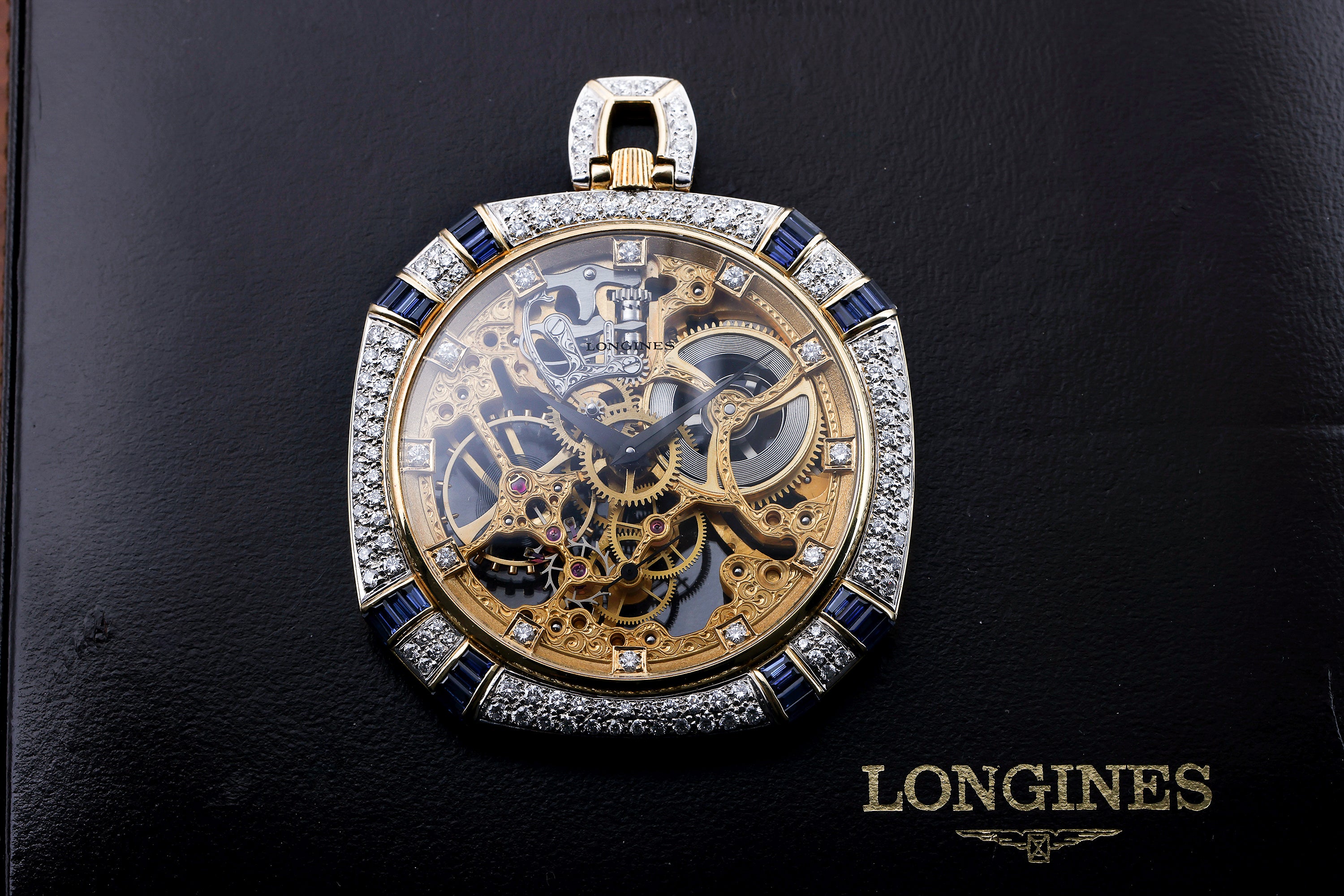 Rare Longines Pocket Watch | Diamonds & Sapphires | 18k Yellow & White Gold | 50mm | 1980's