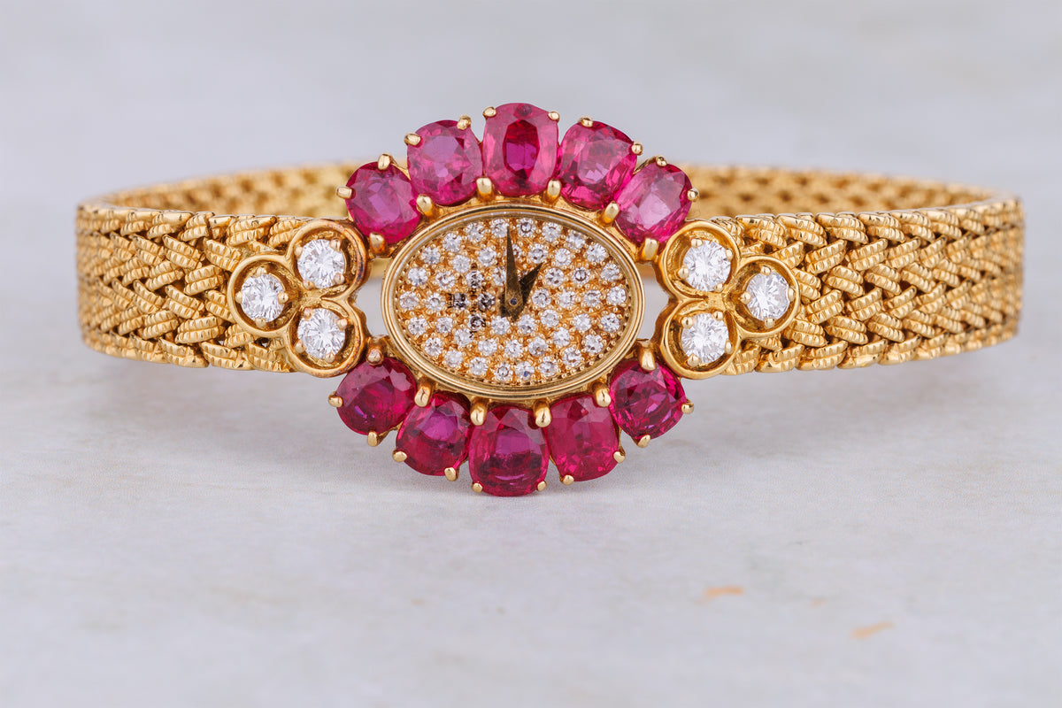 Montre Royale 1980's Ladies Wristwatch | Oval-Cut Ruby & Diamond Bezel | 18k Yellow Gold | Quartz | 24mm