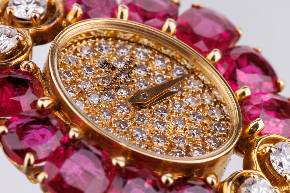 Montre Royale 1980's Ladies Wristwatch | Oval-Cut Ruby & Diamond Bezel | 18k Yellow Gold | Quartz | 24mm