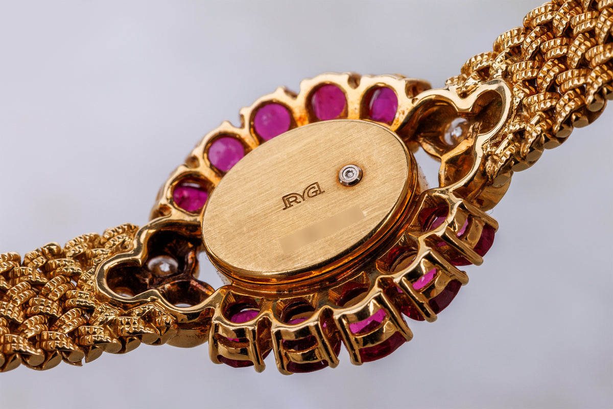 Montre Royale 1980's Ladies Wristwatch | Oval-Cut Ruby & Diamond Bezel | 18k Yellow Gold | Quartz | 24mm