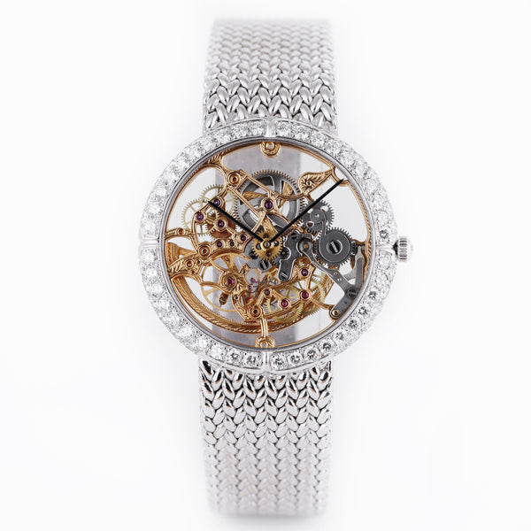 Rare Gerald Genta Retailed by Mouawad | Skeleton Wristwatch | Diamond Bezel | 18k White Gold | Circa 1980's