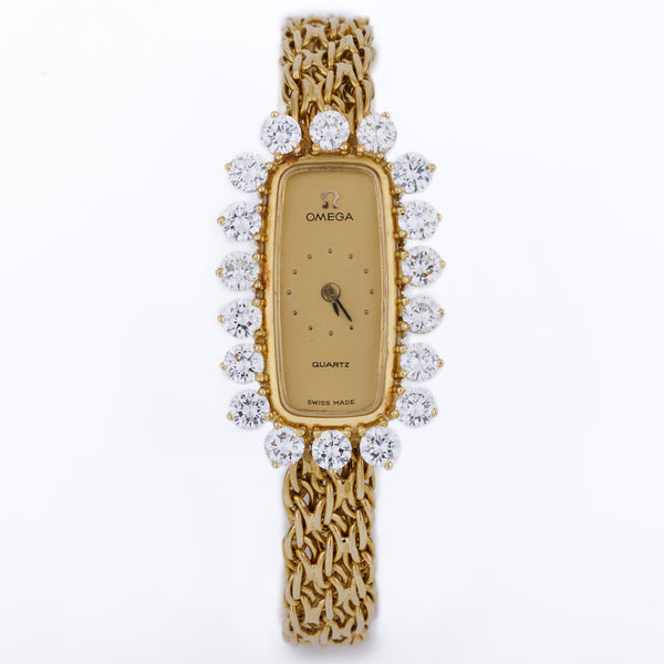 Omega Ladies Vintage Watch | Gold Dial | Large Diamond Bezel | 20mm | 18k Yellow Gold | 1980's