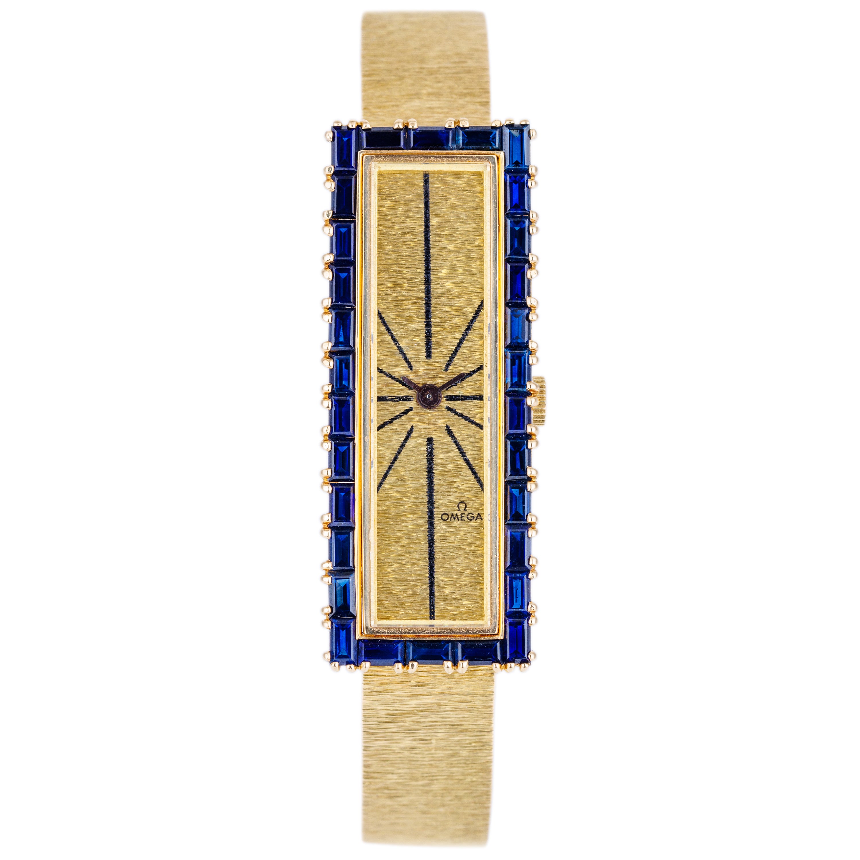 Rare Omega 1970s Wristwatch | Blue Sapphire Bezel | 17.5 x 45mm | 18k Yellow Gold | Manual Wind