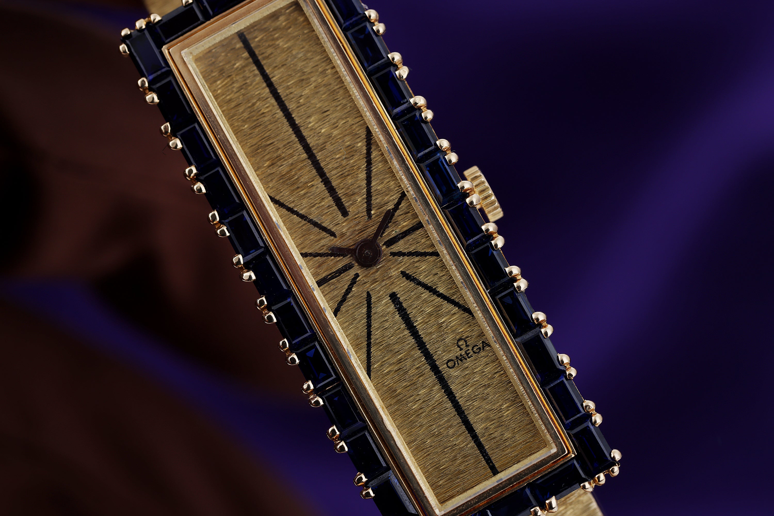 Rare Omega 1970s Wristwatch | Blue Sapphire Bezel | 17.5 x 45mm | 18k Yellow Gold | Manual Wind