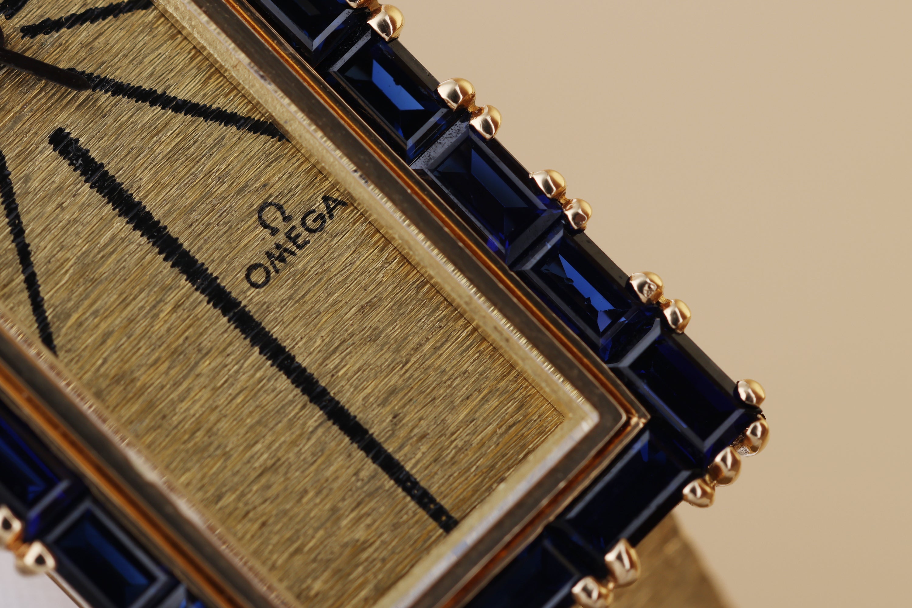 Rare Omega 1970s Wristwatch | Blue Sapphire Bezel | 17.5 x 45mm | 18k Yellow Gold | Manual Wind