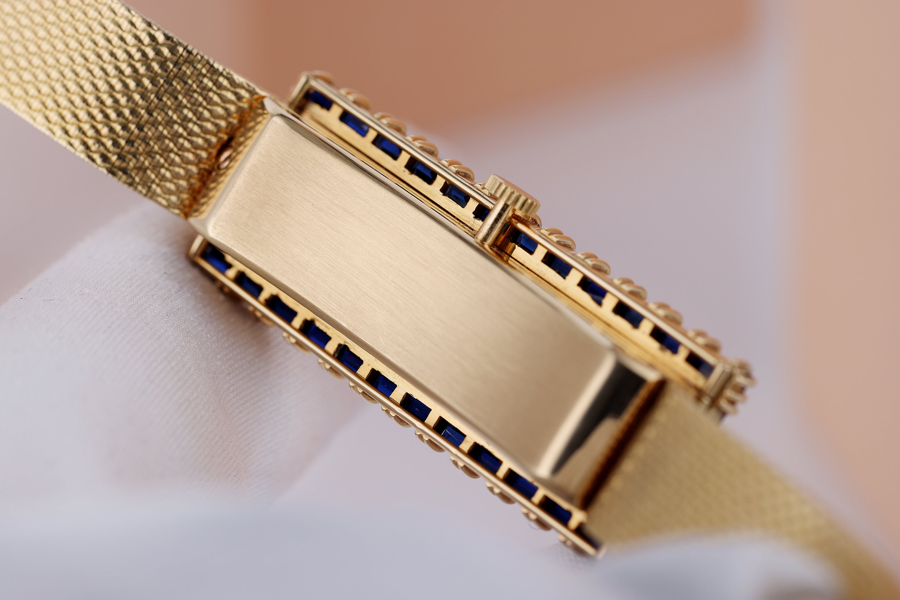 Rare Omega 1970s Wristwatch | Blue Sapphire Bezel | 17.5 x 45mm | 18k Yellow Gold | Manual Wind