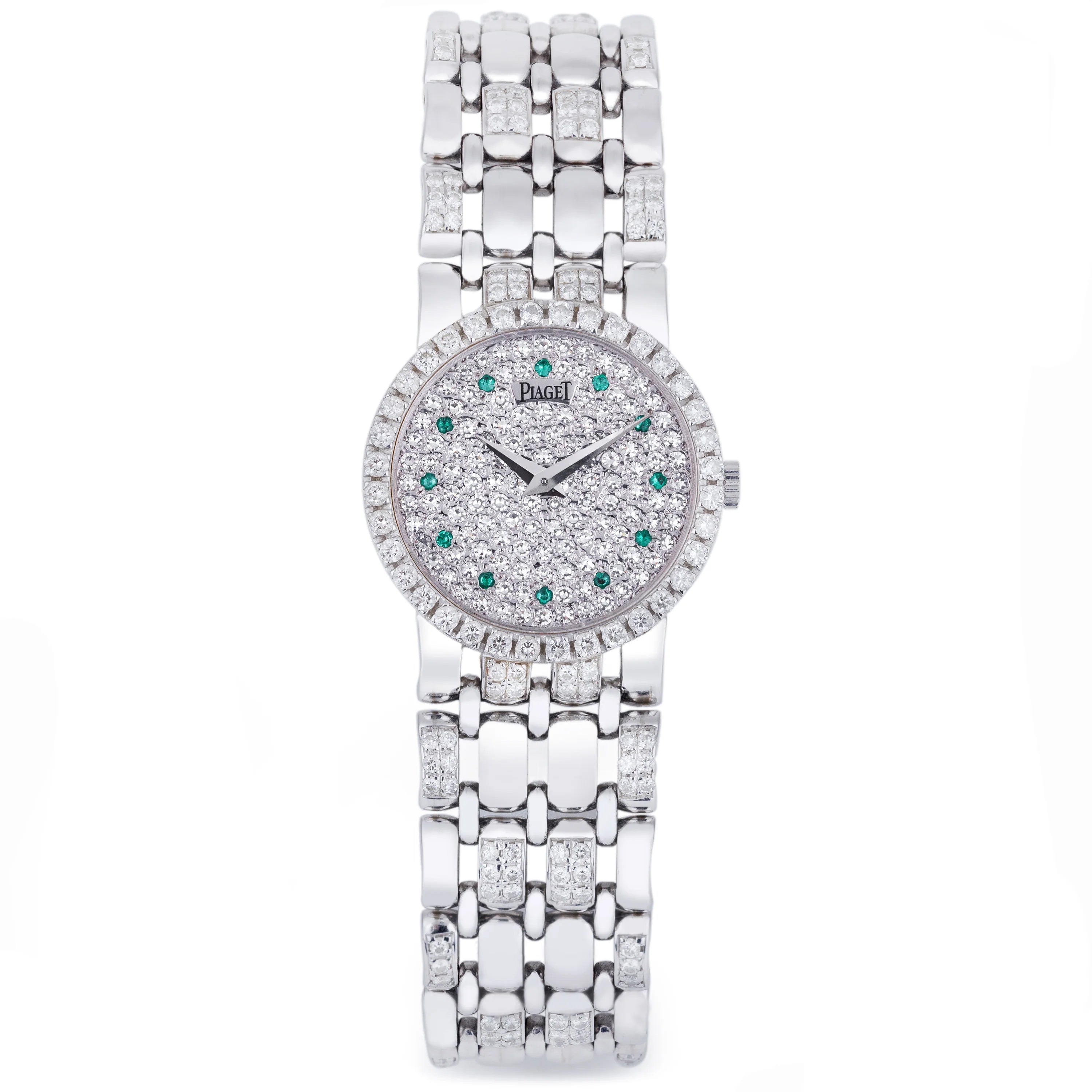 Piaget Vintage Ladies Wristwatch | REF. 9706 K 61 R | Pavé Diamond Dial & Emerald Hours | 18k White Gold | 24mm | Manual Wind | 1970s | Service Papers