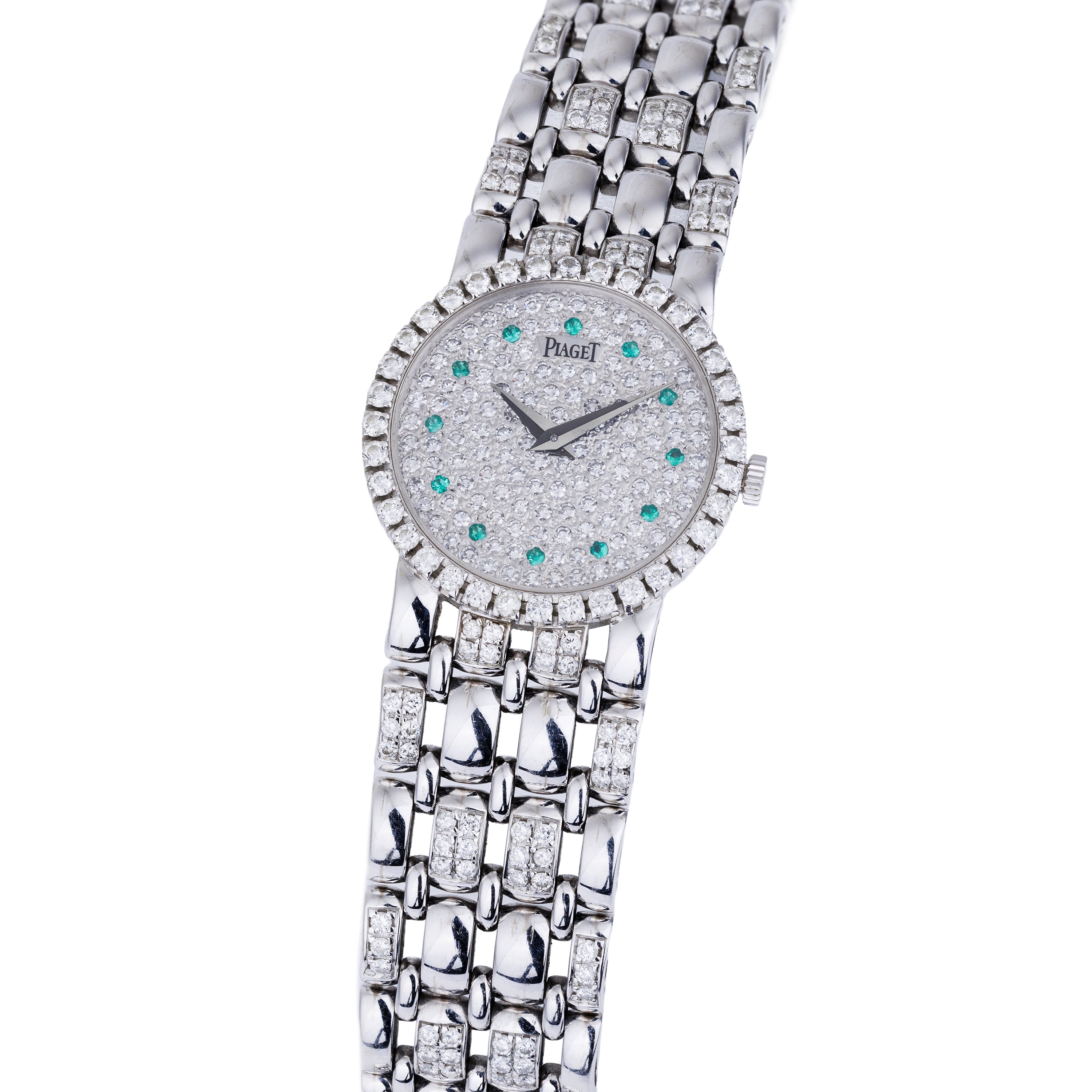Piaget Vintage Ladies Wristwatch | REF. 9706 K 61 R | Pavé Diamond Dial & Emerald Hours | 18k White Gold | 24mm | Manual Wind | 1970s | Service Papers