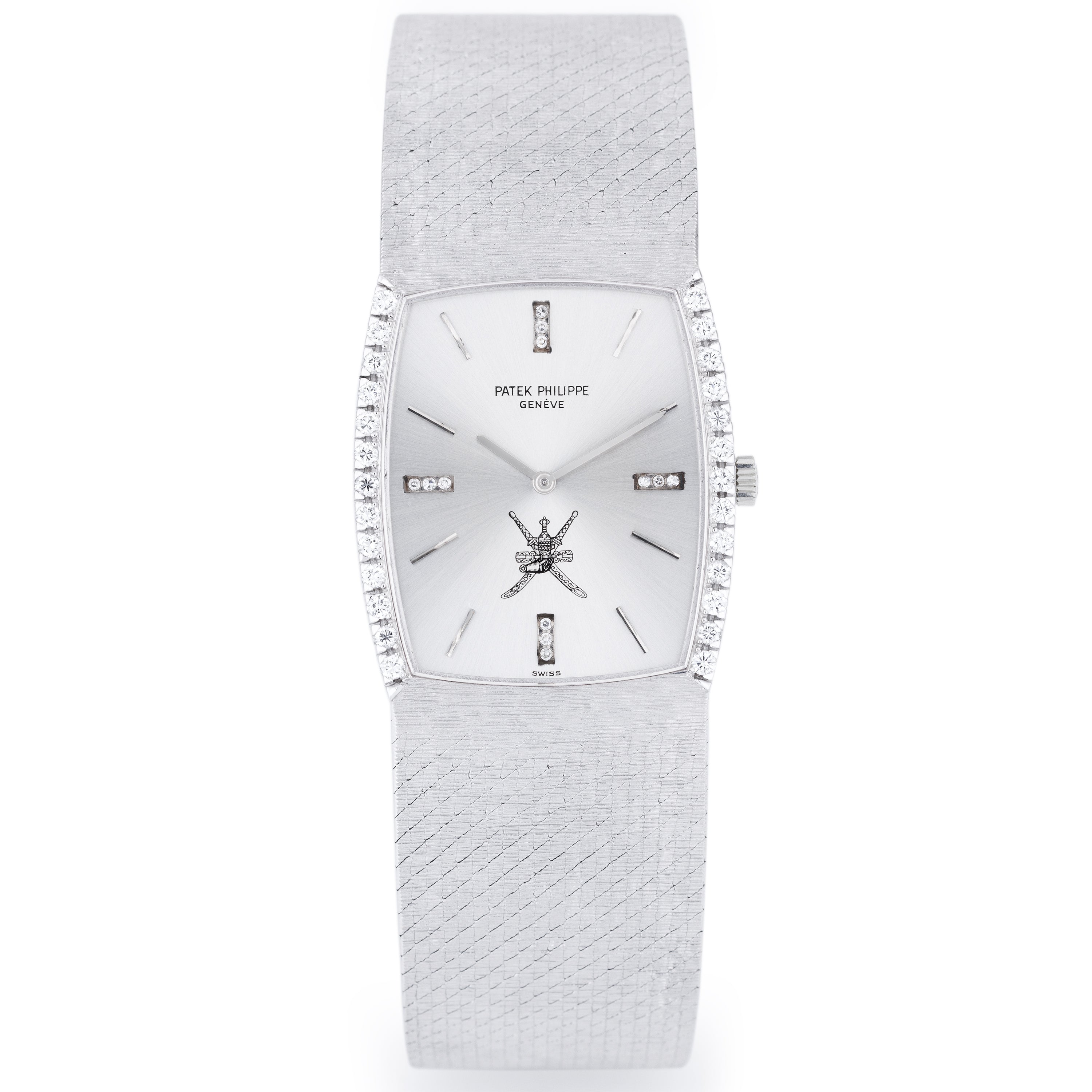 Extremely Rare Unworn Patek Philippe 1970's Gondolo Watch | Khanjar Emblem - Retailed by Asprey | REF. 3528/4 | Diamond Dial & Bezel | 26mm | 18k White Gold